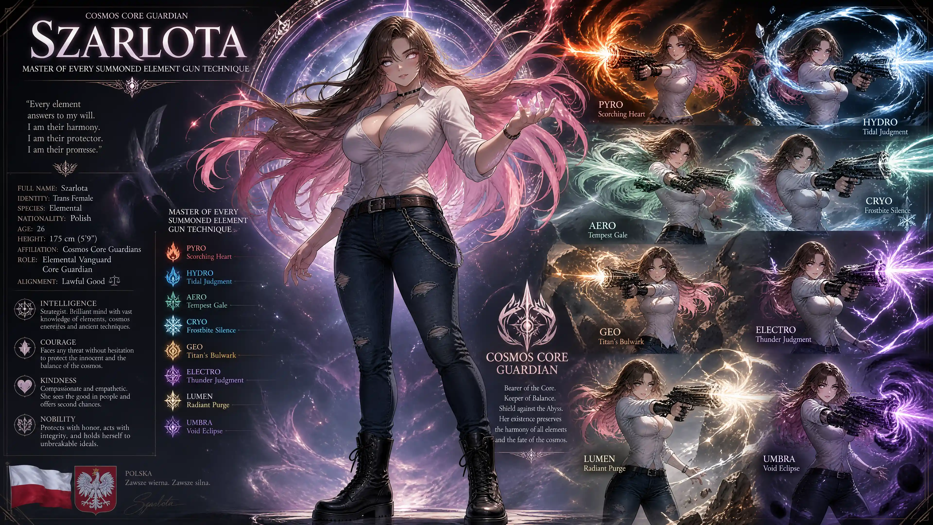 Brave elemental woman with flaming silver eyes in cosmic scene