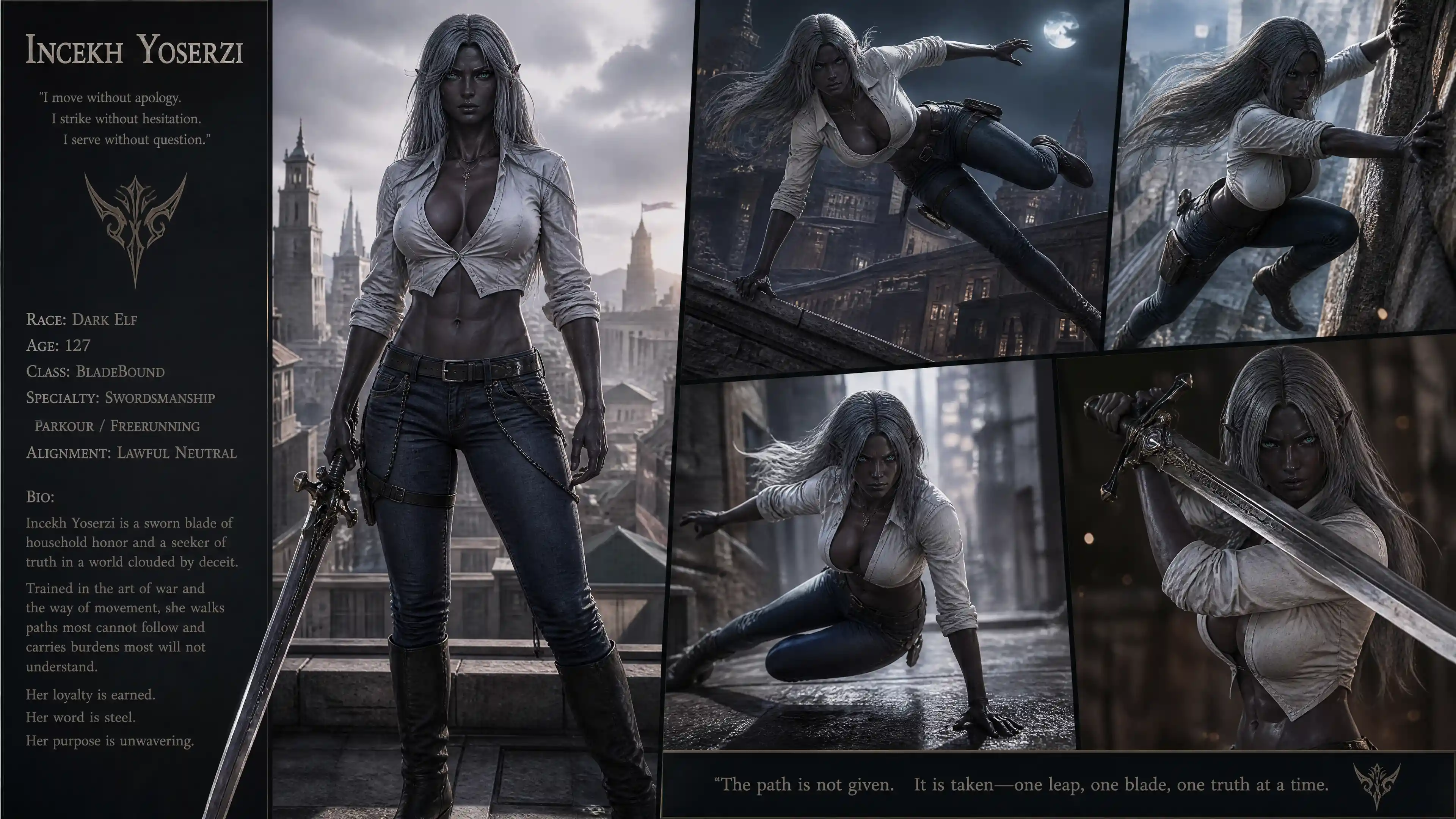 Determined dark elf woman with sword in casual clothes