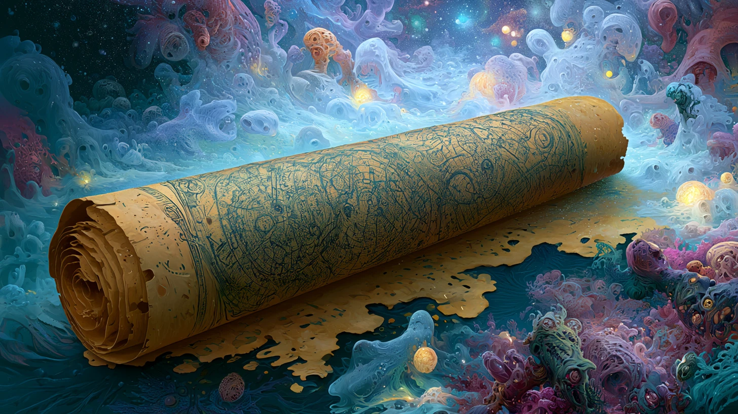 Antique star chart unfurling over surreal celestial landscape