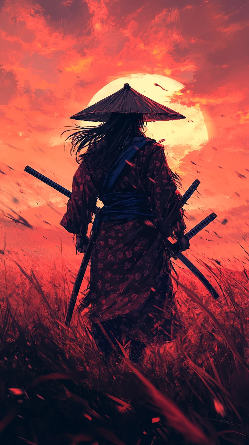 Guerrero samurái con kimono rojo en un campo al atardecer