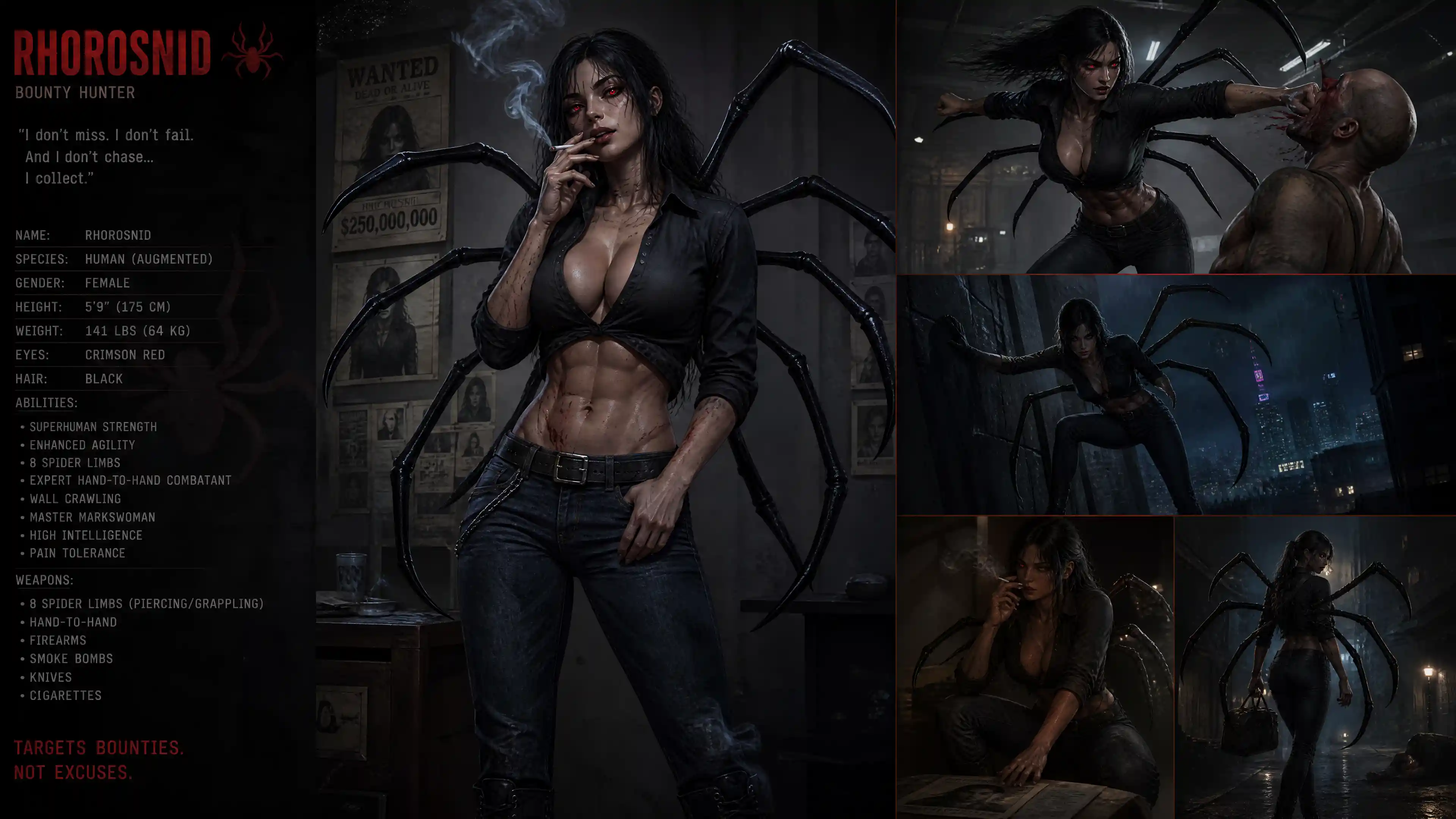 Spider limbed fantasy woman in casual clothes smoking calmly