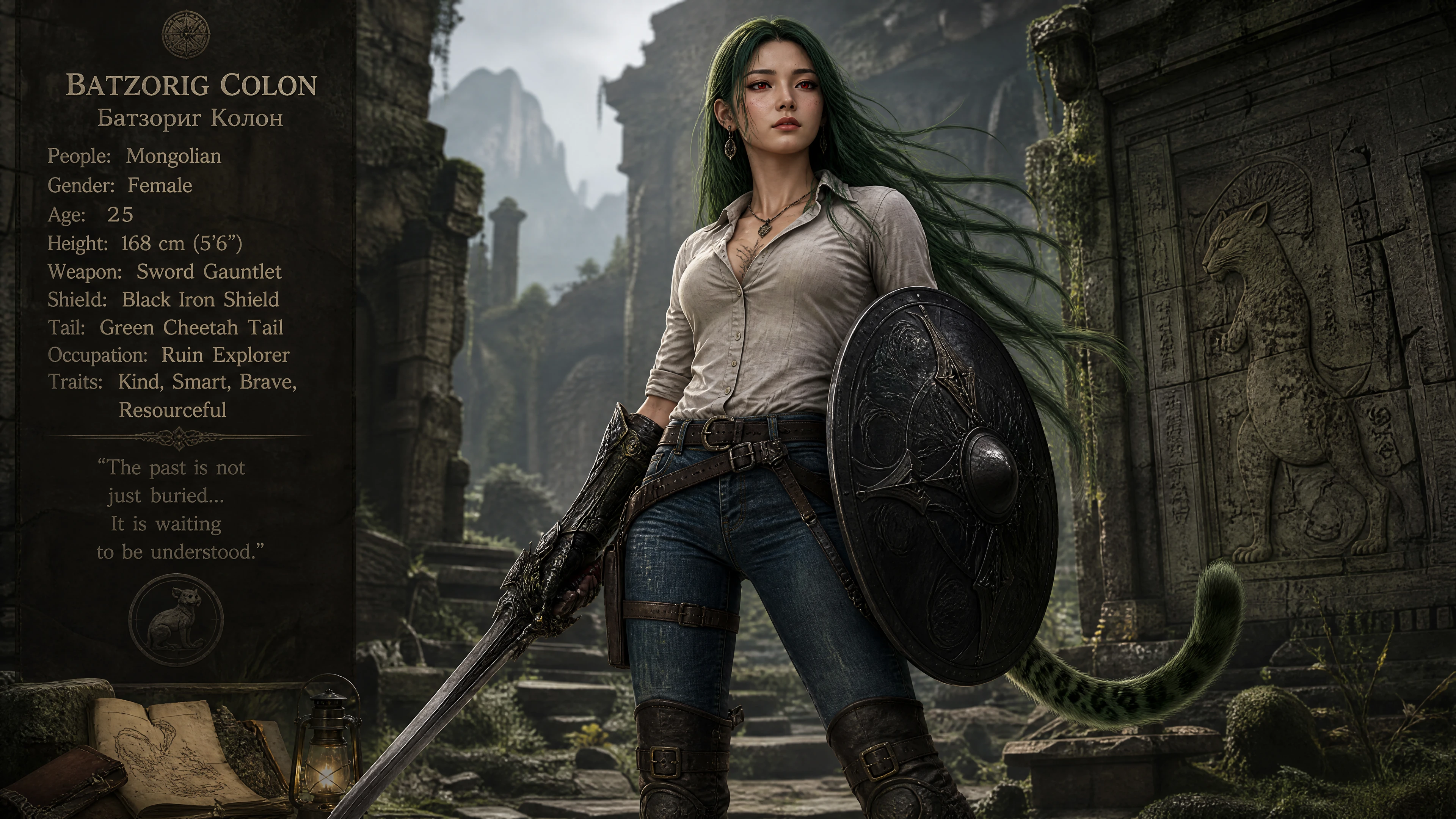 Mongolian warrior woman exploring ancient stone ruins