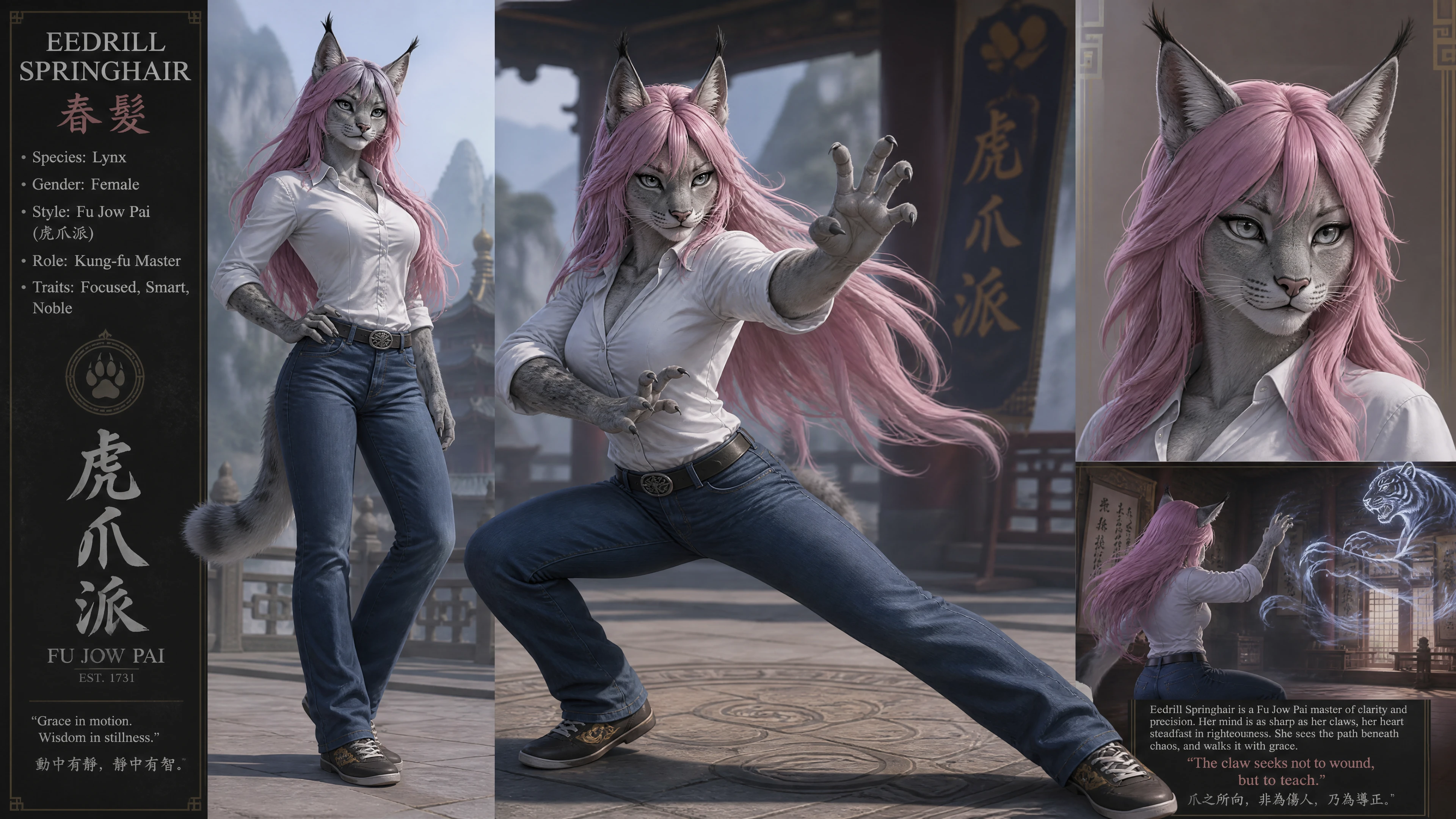 Anthro lynx martial artist with long pink hair