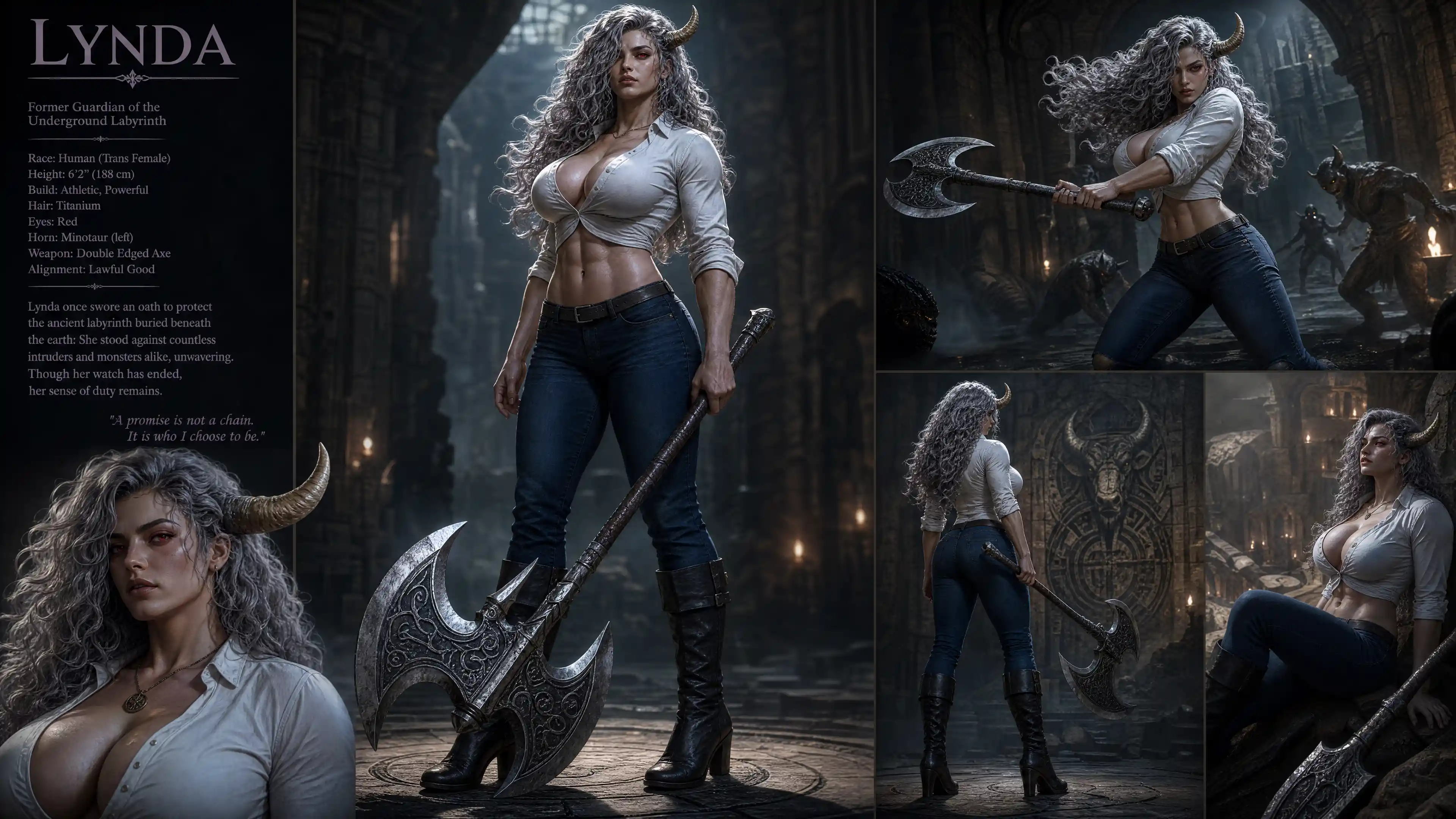 Tall horned warrior woman with axe in casual clothes