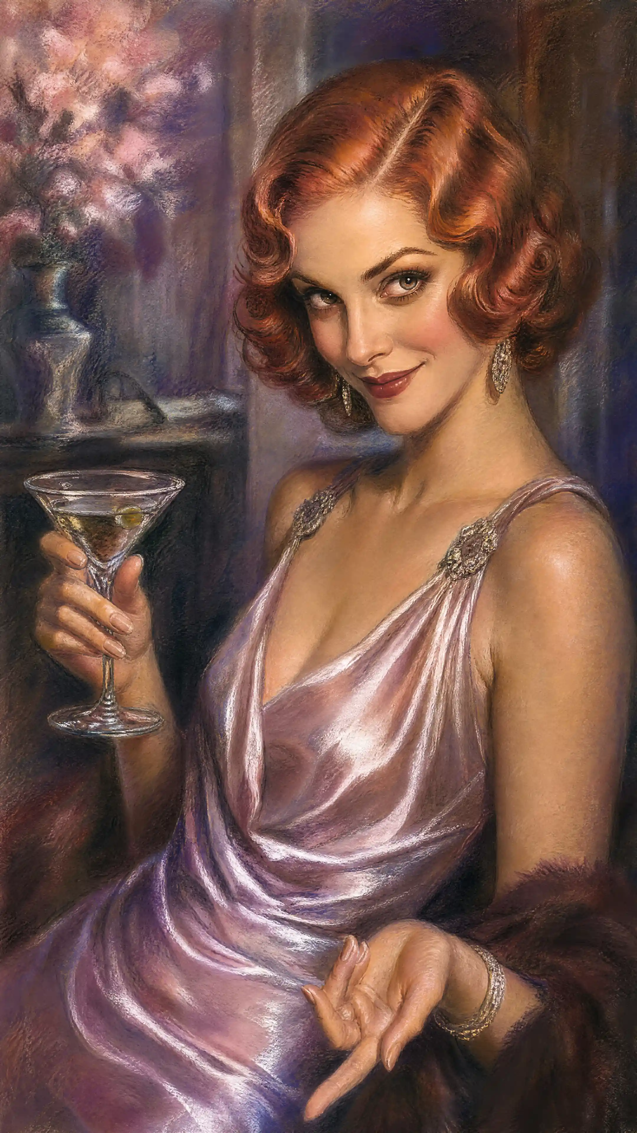 Playful 1930s redhead glamour portrait with martini glass