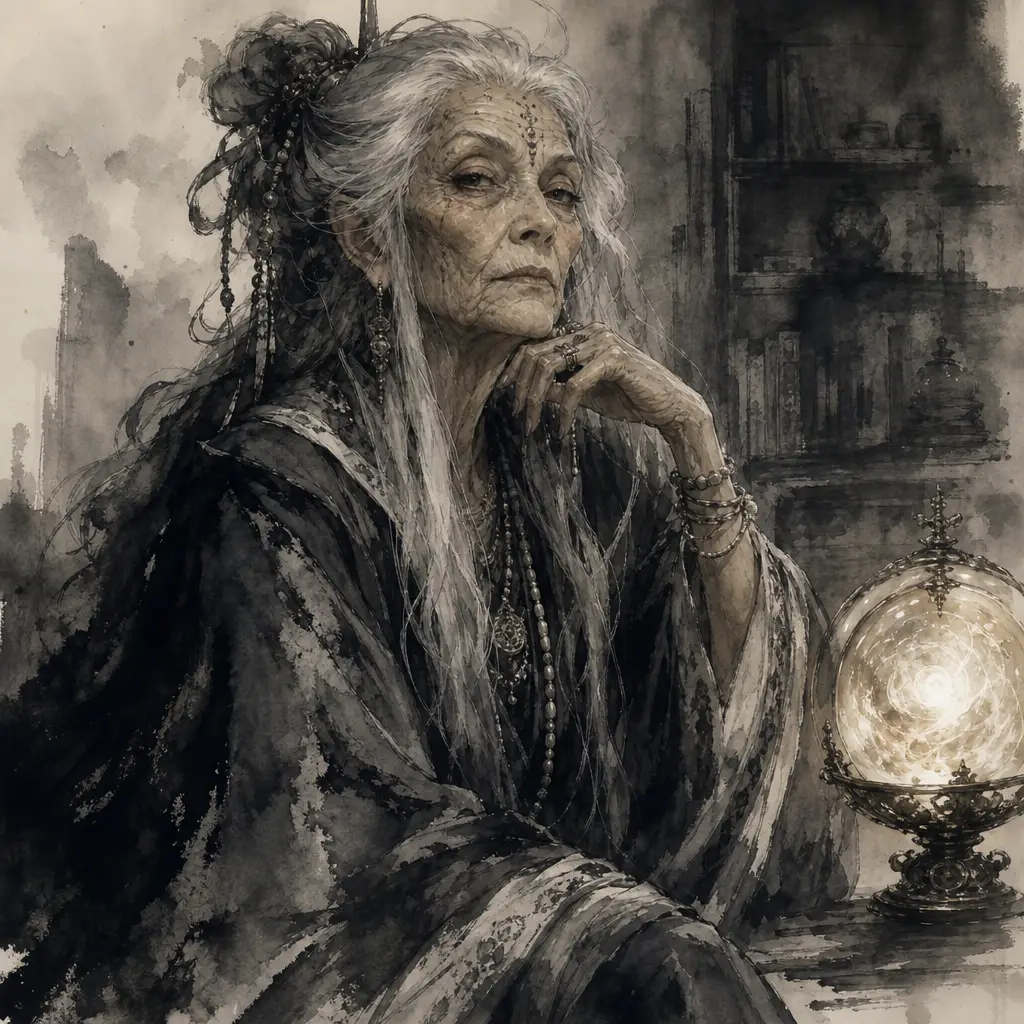 Retrato de hechicera antigua en pintura expresiva a tinta