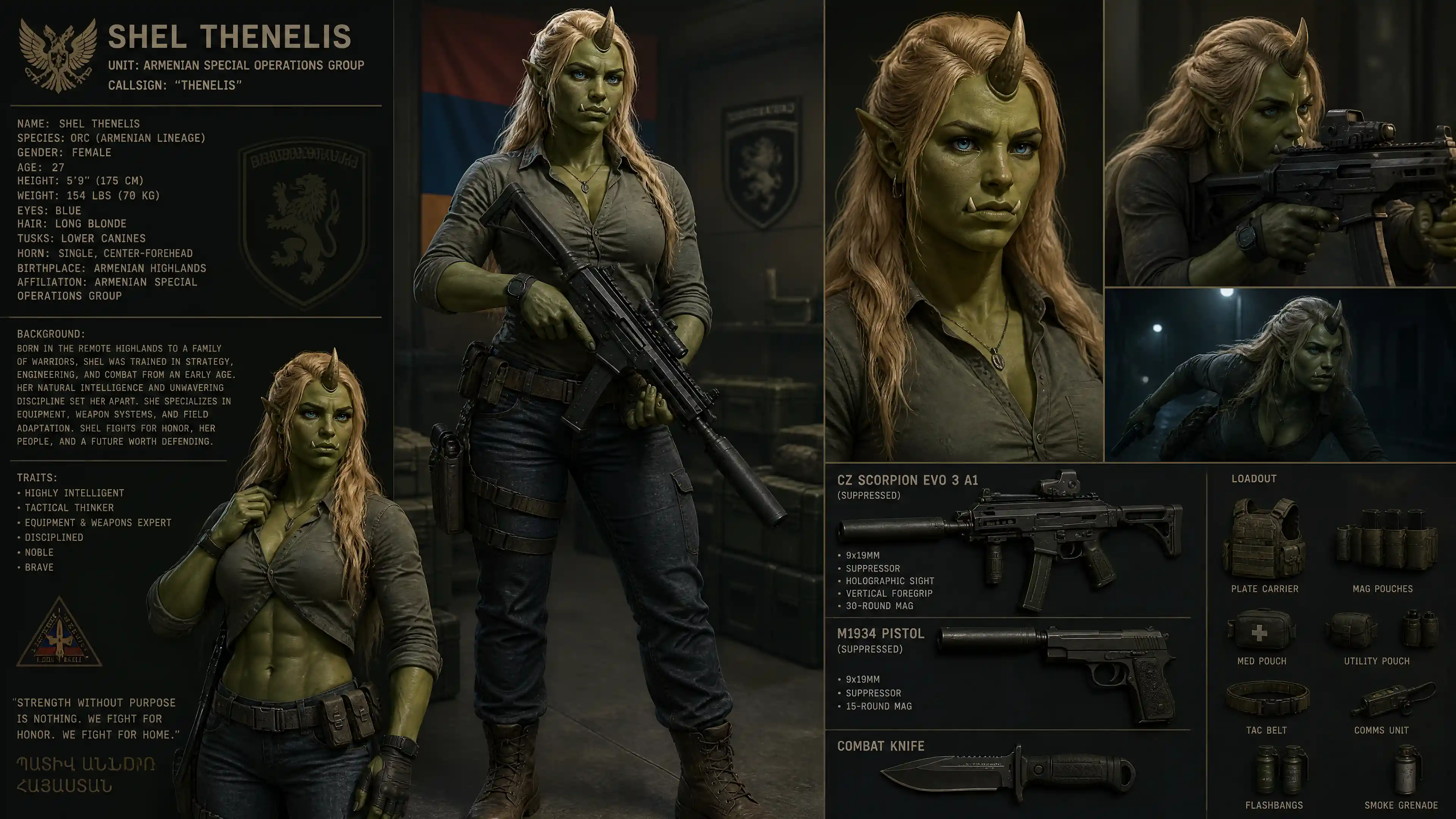 Brave green orc woman soldier with silenced weapons