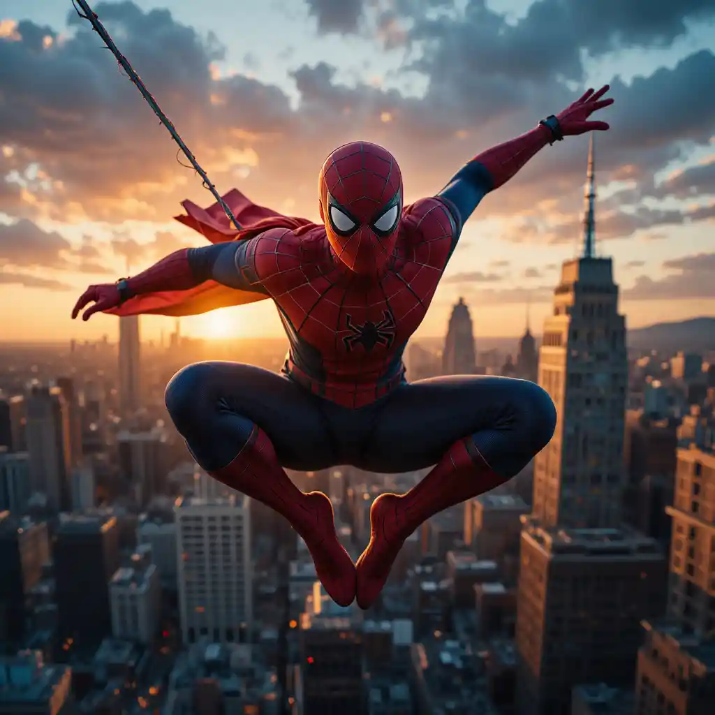 Superhero swings above city skyscrapers at glowing sunset