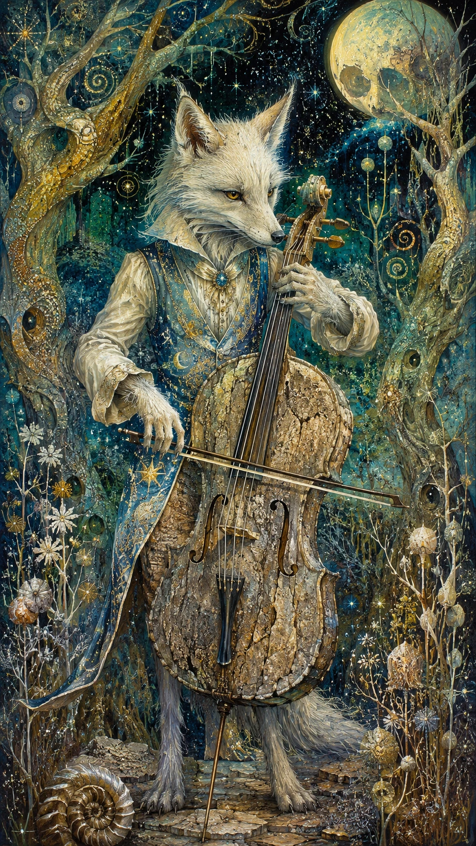 Zorro antropomórfico tocando violonchelo en un bosque de fantasía luminoso