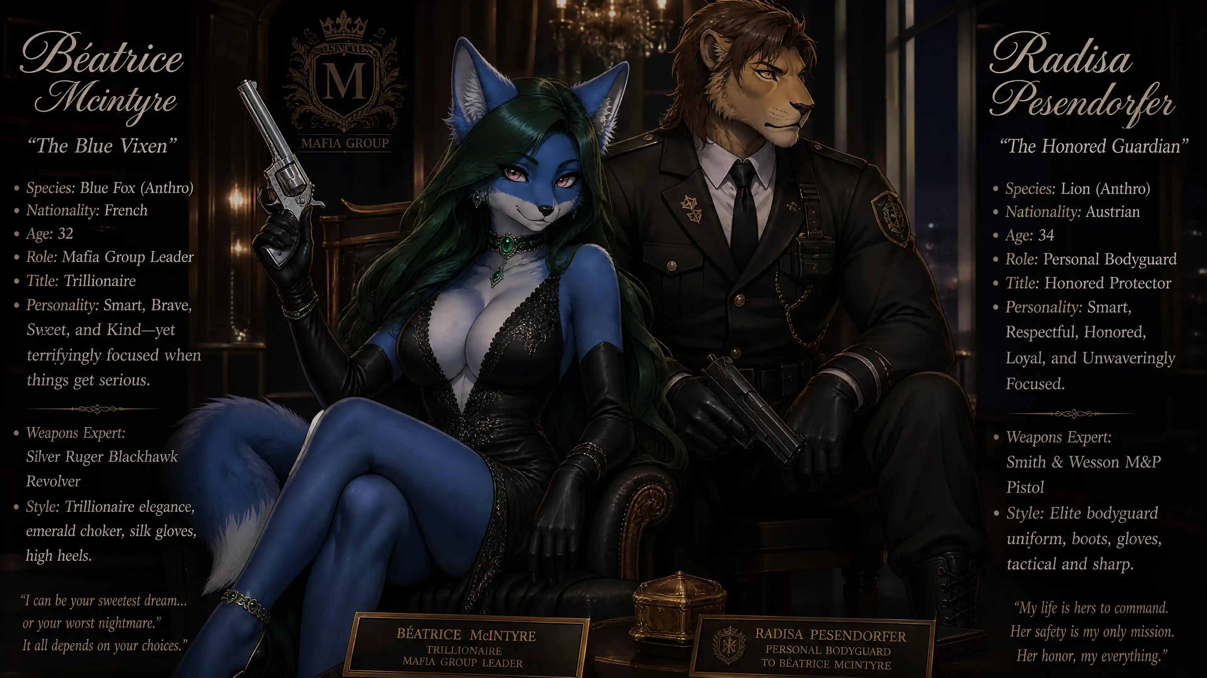 Elegant blue fox mafia queen in emerald choker