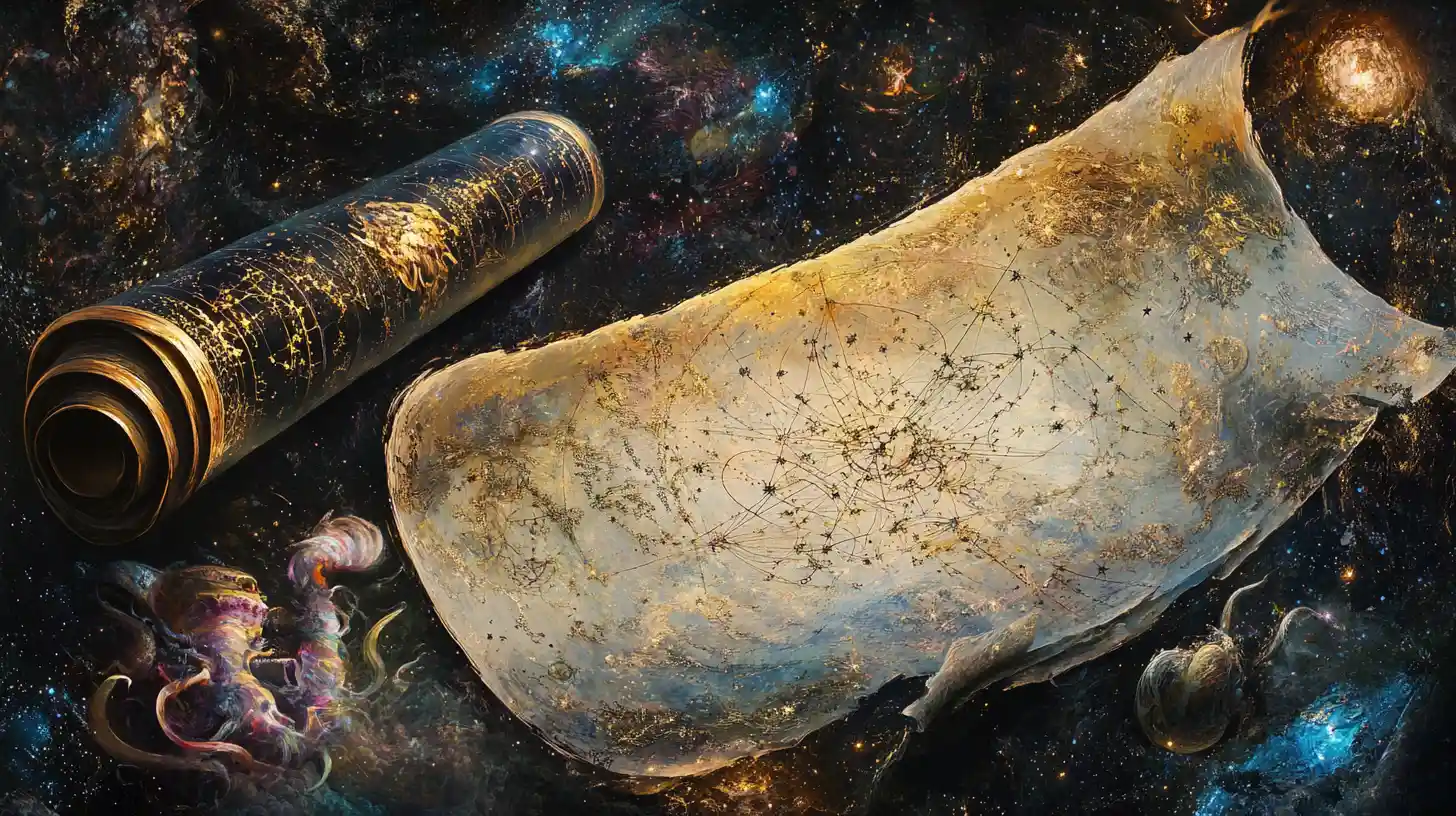 Ancient star chart unfurling over surreal cosmic landscape