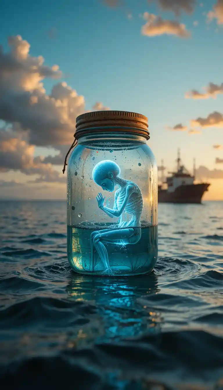 Glowing fetal skeleton in a glass jar on calm ocean