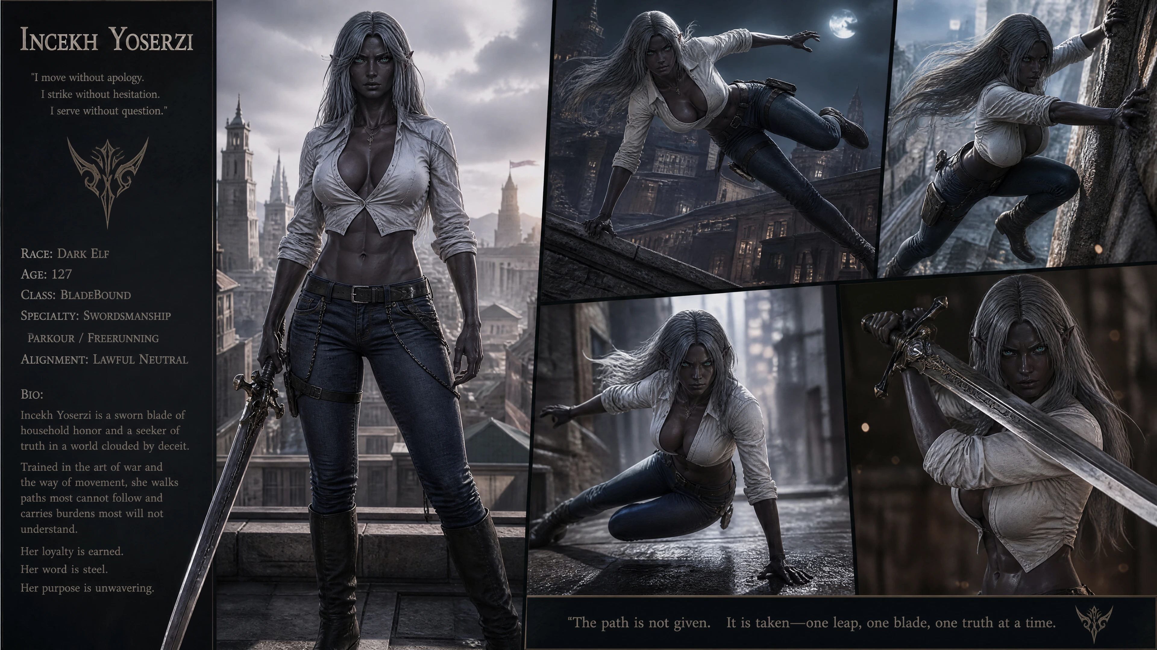 Determined dark elf woman with sword in casual clothes