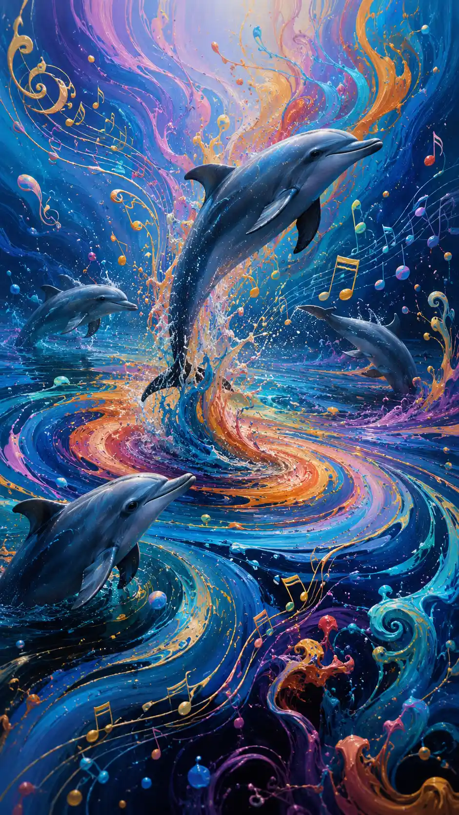 Dolphin pod swimming through a surreal musical ocean