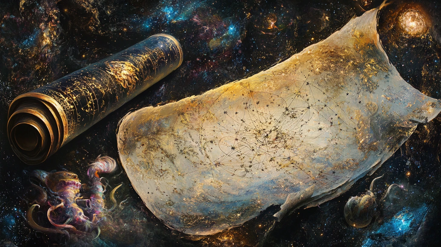 Ancient star chart unfurling over surreal cosmic landscape