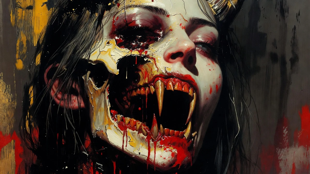 Surreal demon woman with exposed jawbones in dark colors