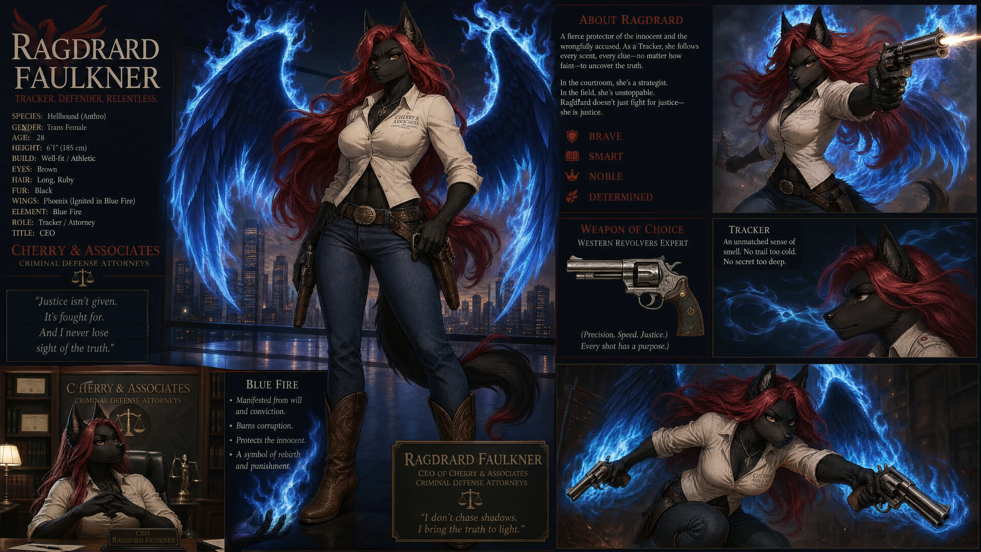 Anthro hellhound woman with phoenix wings and blue fire