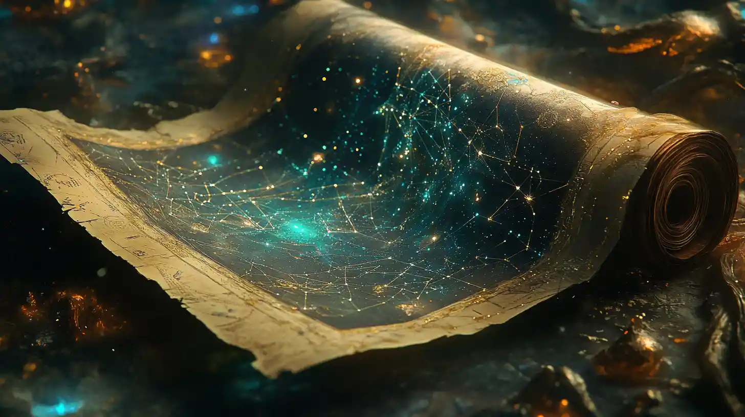 Ancient star chart unfolding into a surreal cosmic landscape