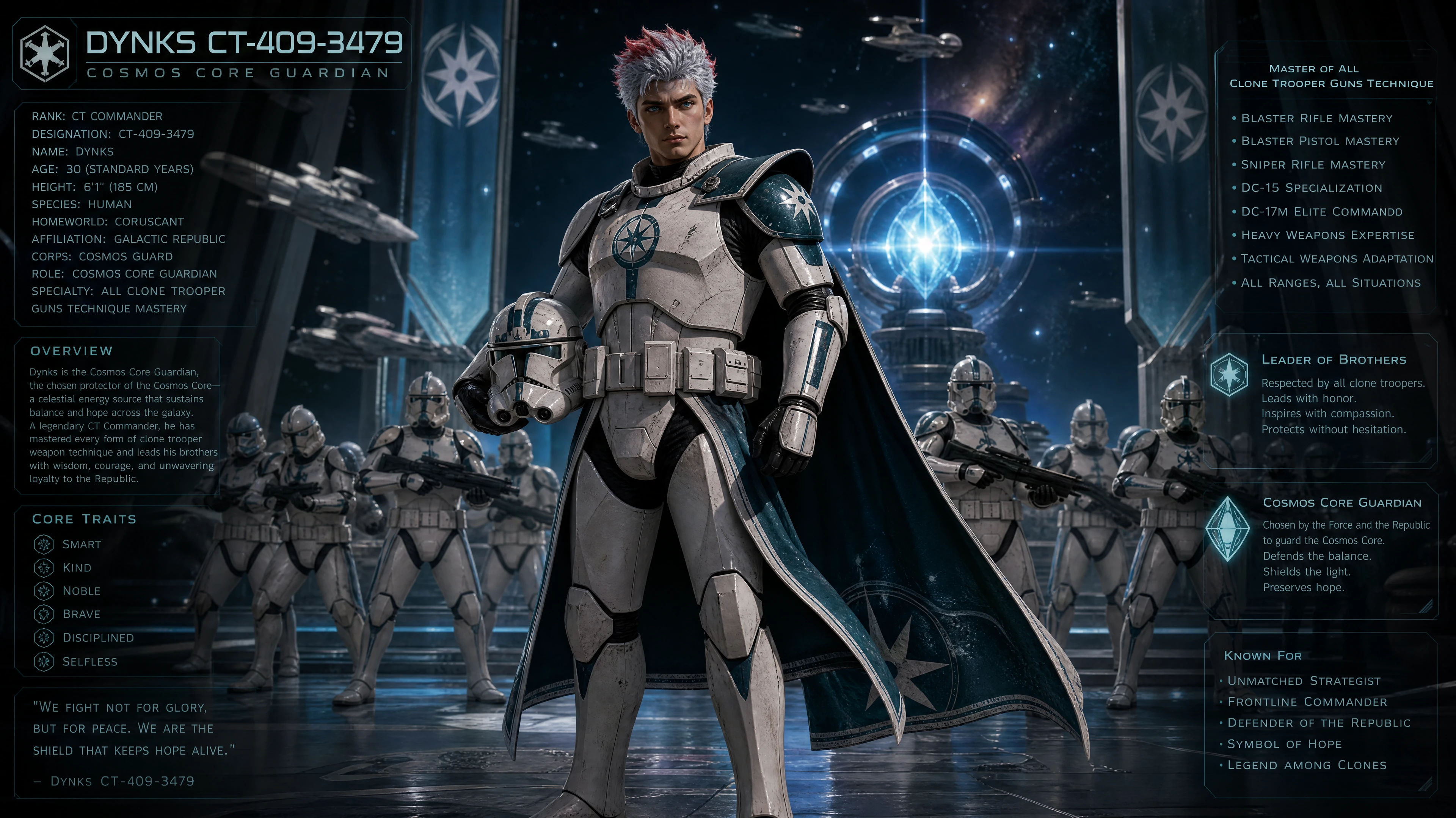 Brave male guardian in cosmos armor with teal eyes