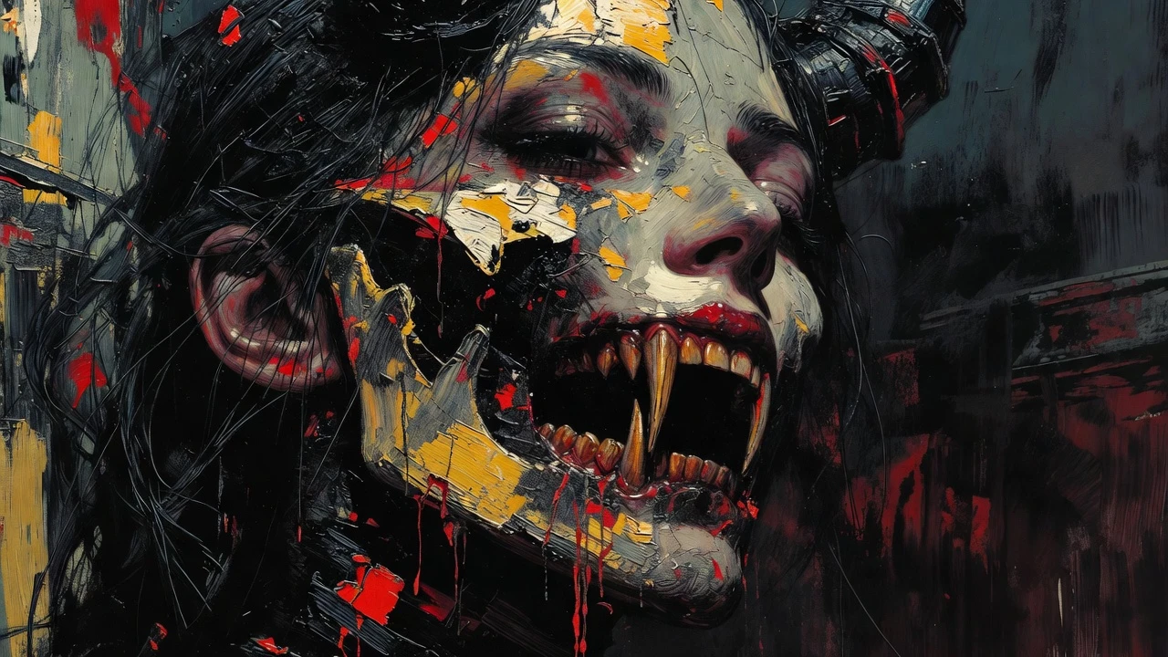 Surreal demon woman with exposed jaw in dark painting