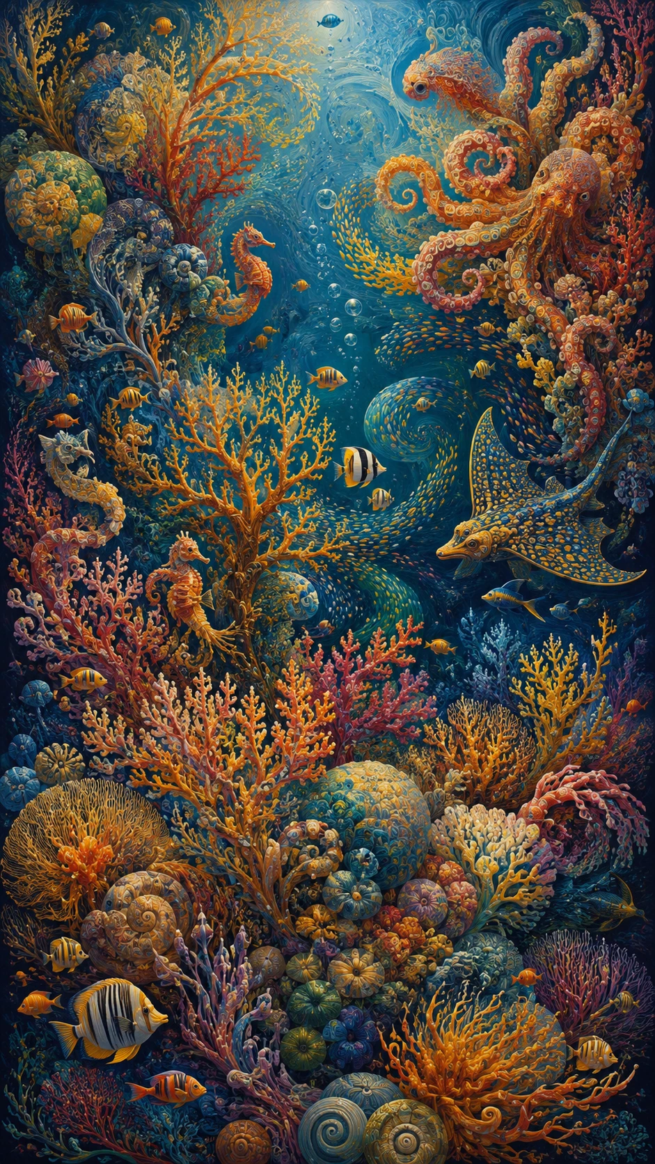 Abstract coral reef painting with hidden sea creatures