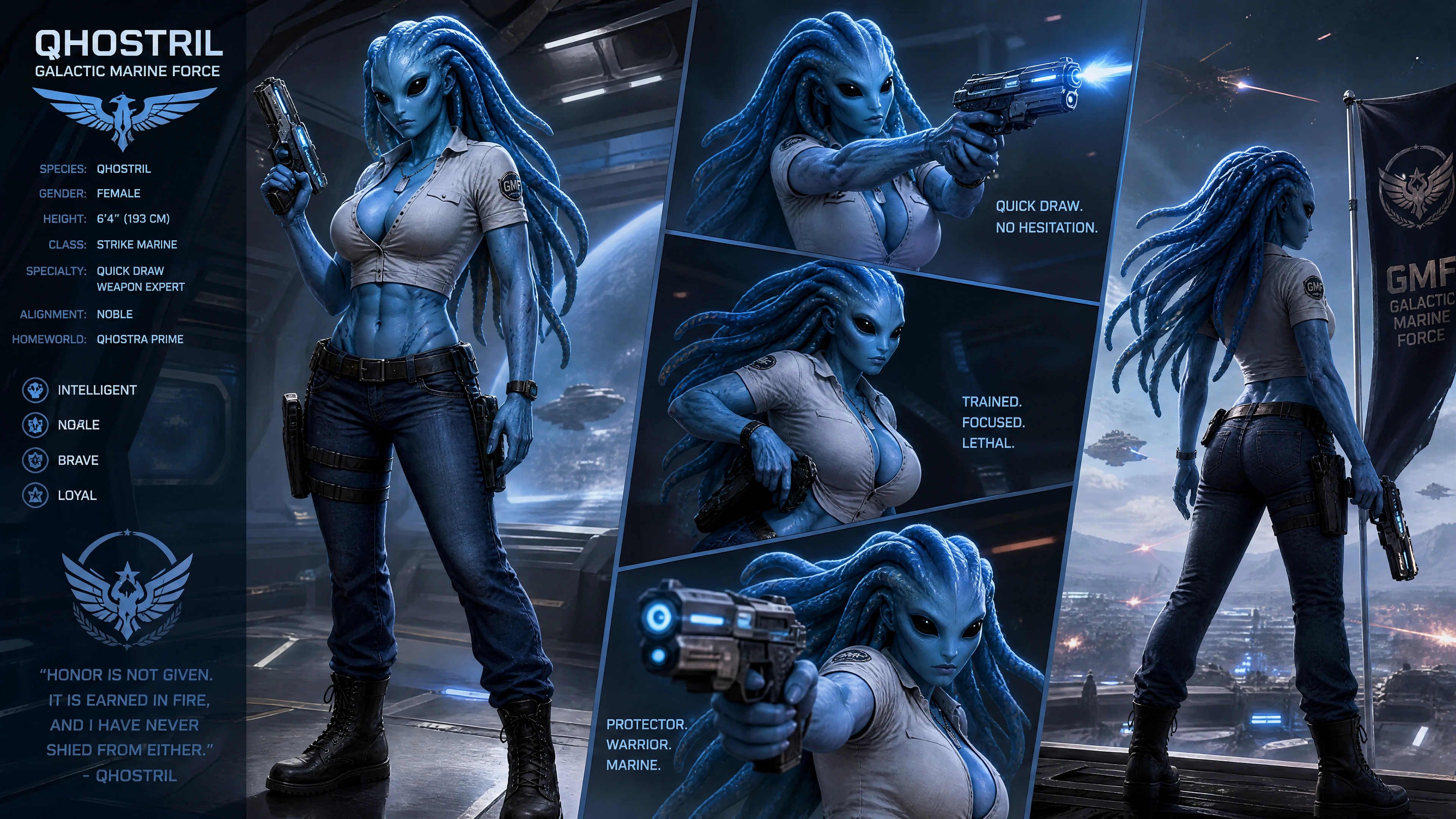 Blue skinned alien woman marine with laser pistol