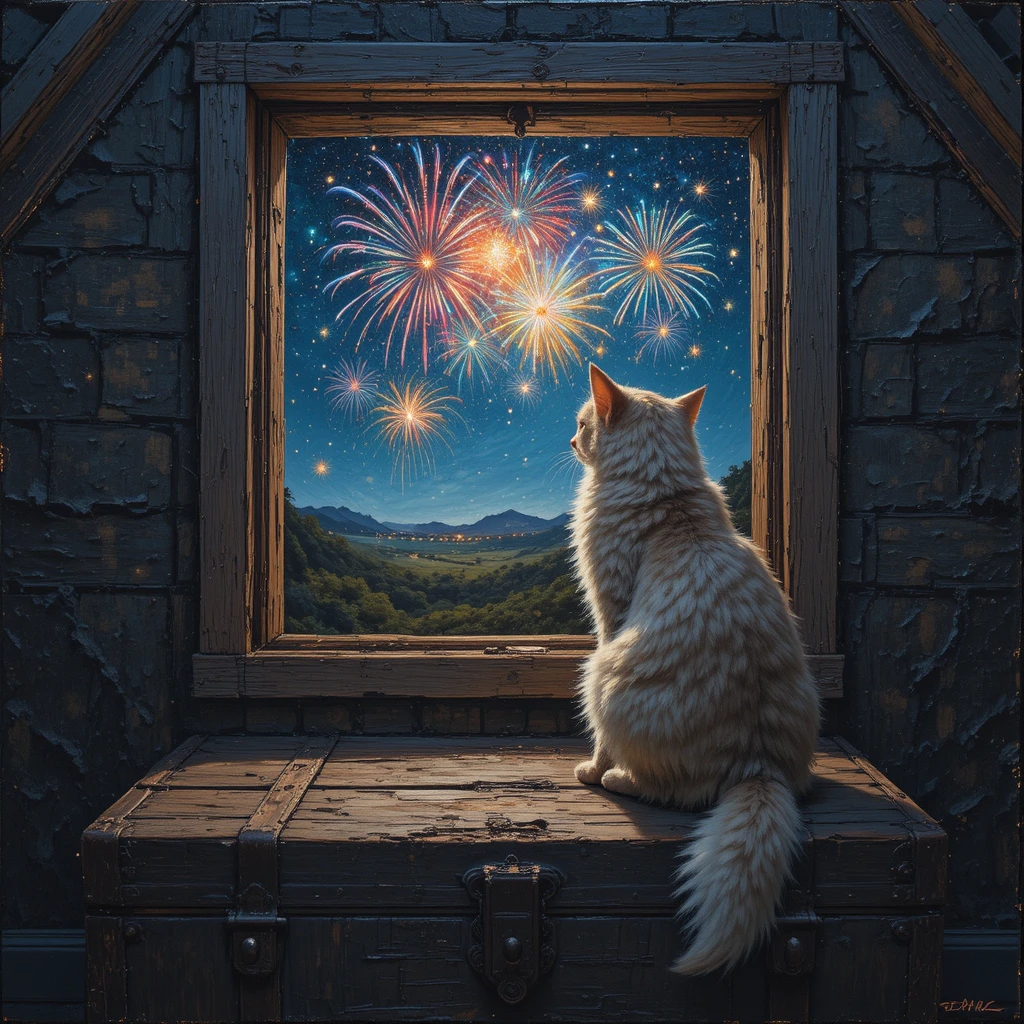 Fluffy Cat On Trunk Watching Fireworks From Attic Window