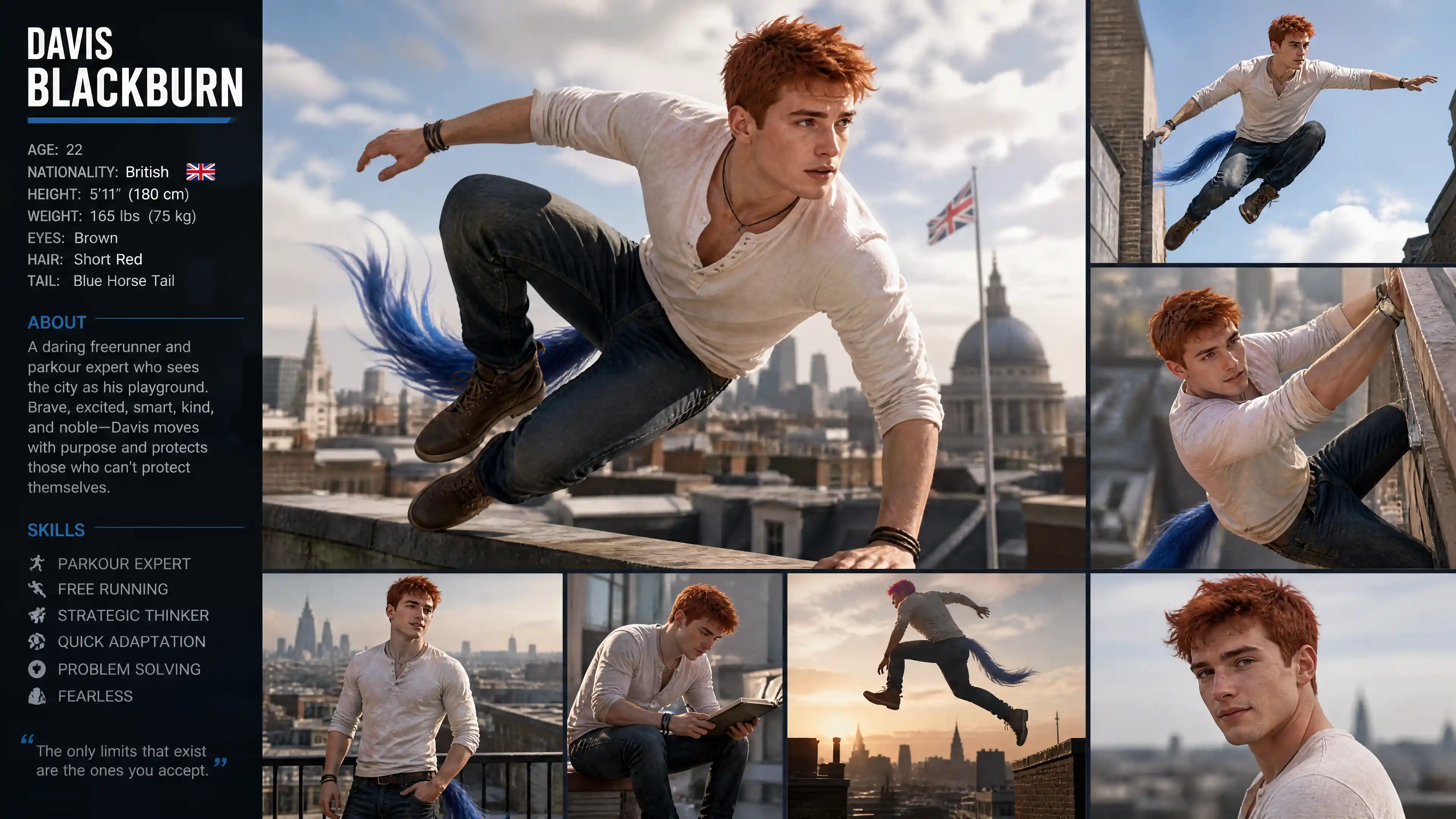 Athletic red haired man with blue horse tail in jeans
