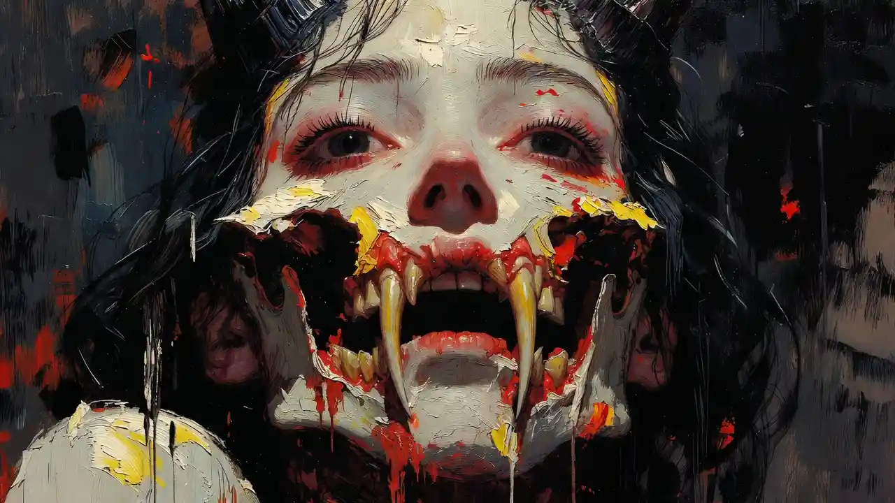 Surreal demon woman with exposed jaw in dark portrait