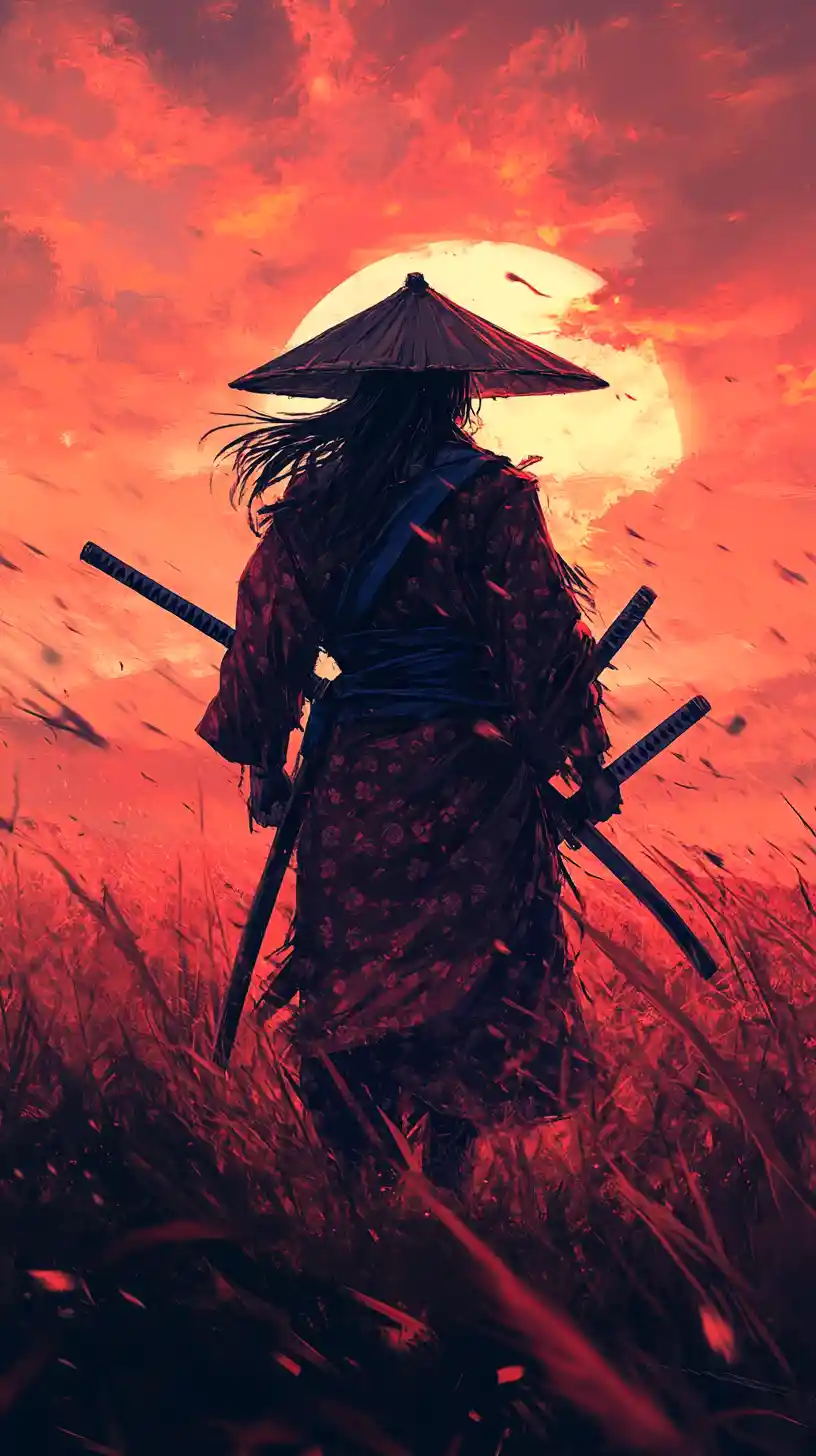 Guerreiro samurai de quimono vermelho em campo ao pôr do sol