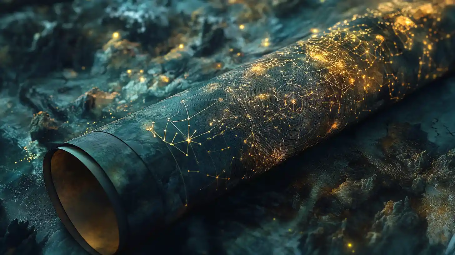 Ancient star map unfurling into a surreal cosmic landscape