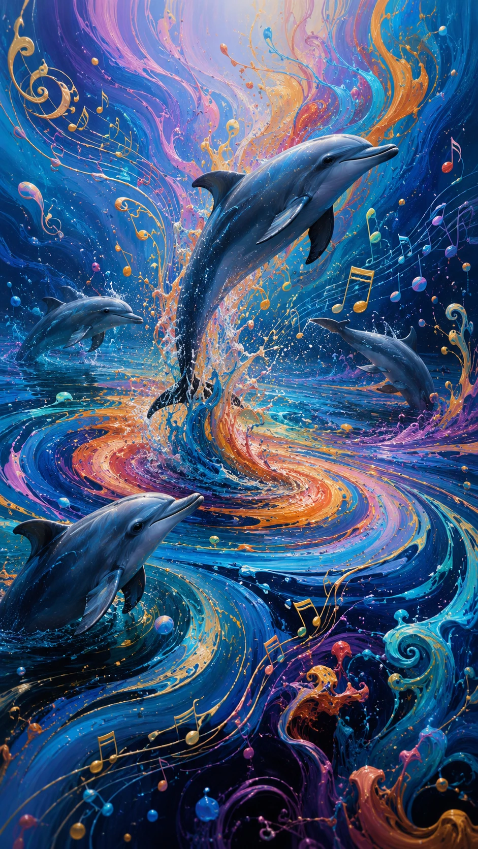 Banco de delfines nadando por un océano musical surrealista