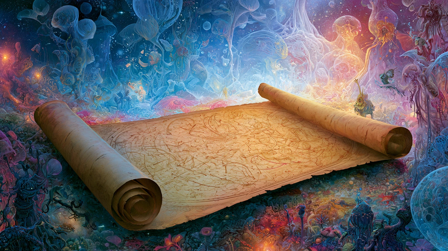 Ancient star chart unfurling into a surreal cosmic landscape