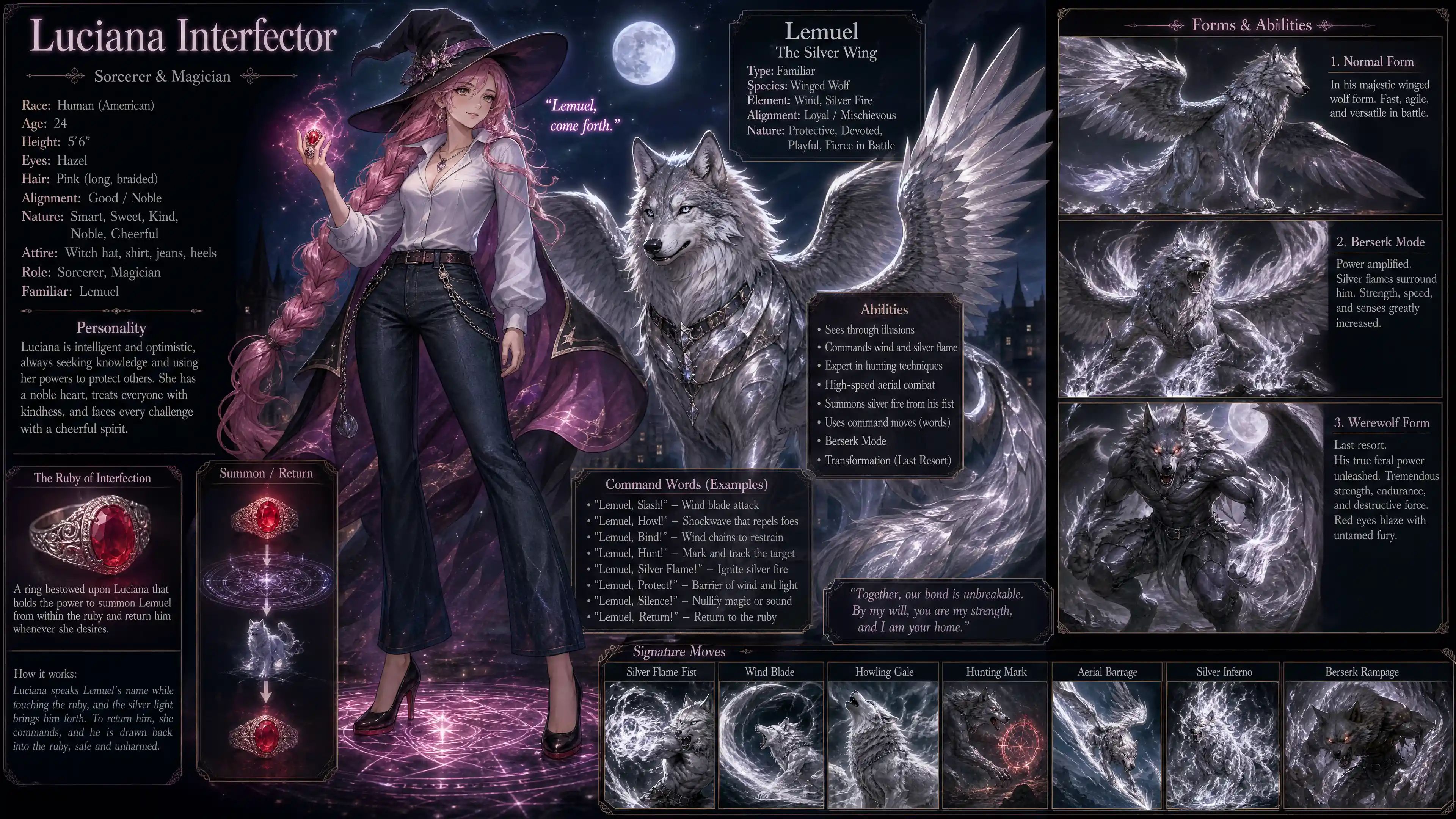 Cheerful pink haired witch with her winged silver wolf familiar