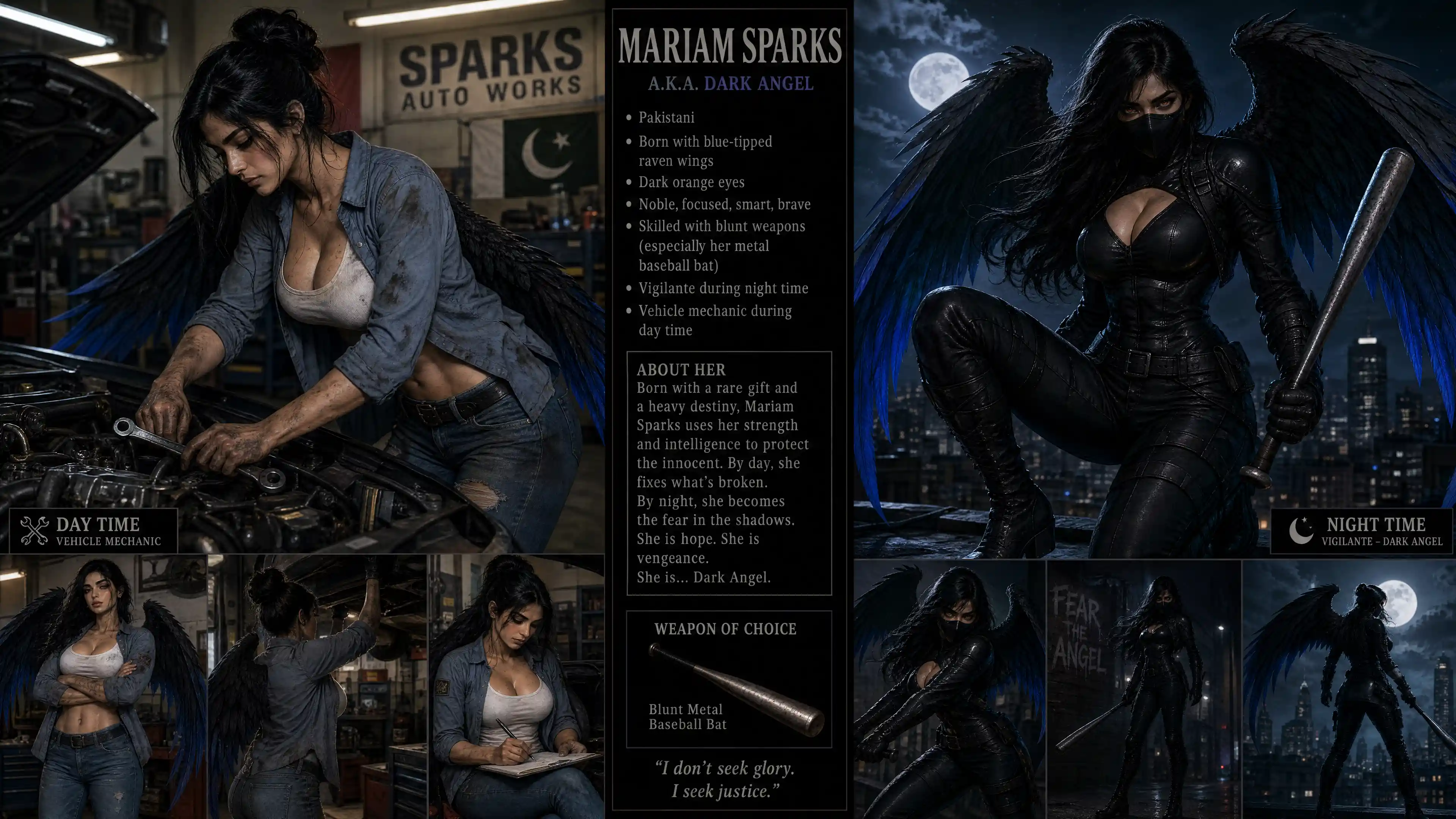 Winged vigilante woman with metal bat under city night sky