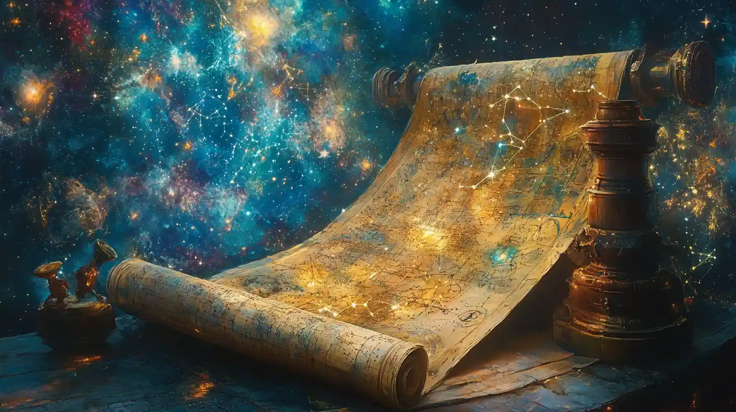 Antique star chart scroll opening onto a surreal cosmos
