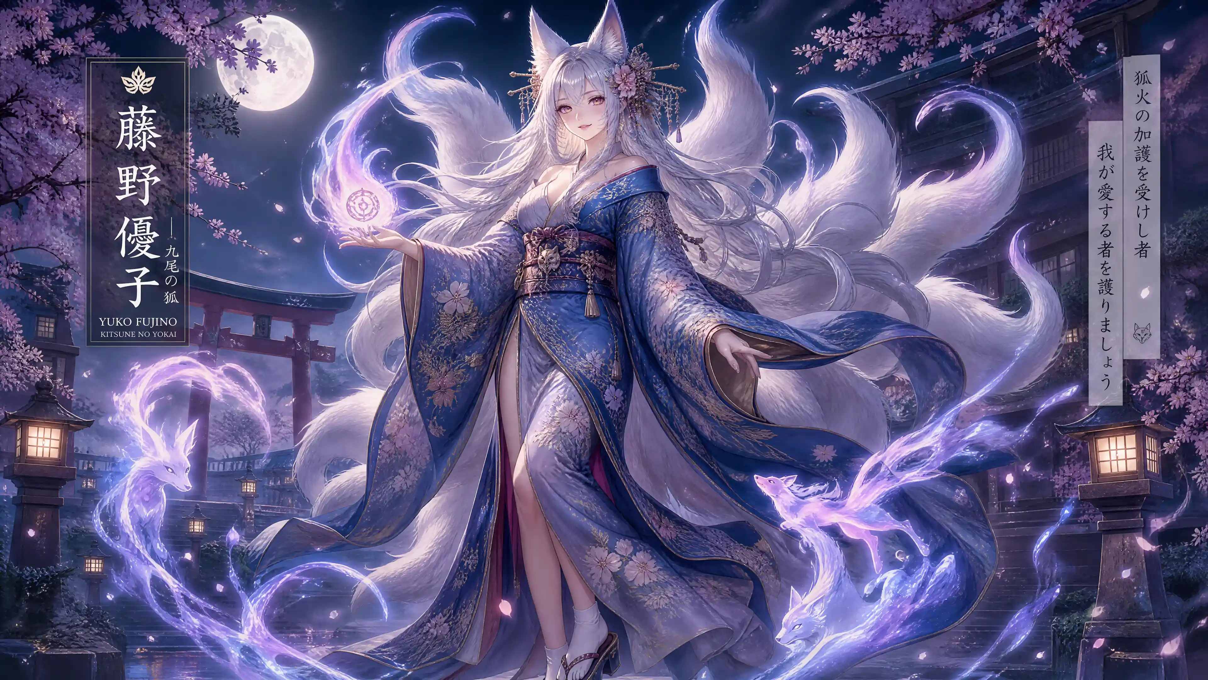 Elegant fox spirit woman in blue kimono with nine tails