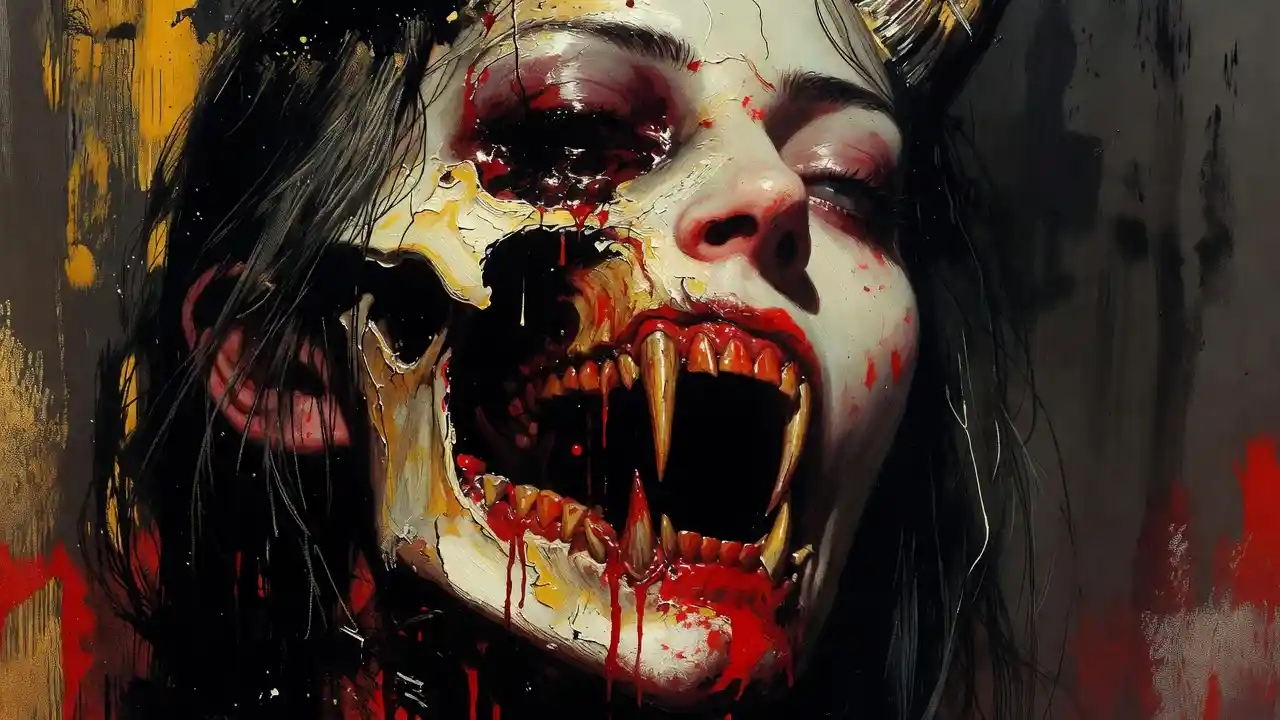 Surreal demon woman with exposed jawbones in dark colors