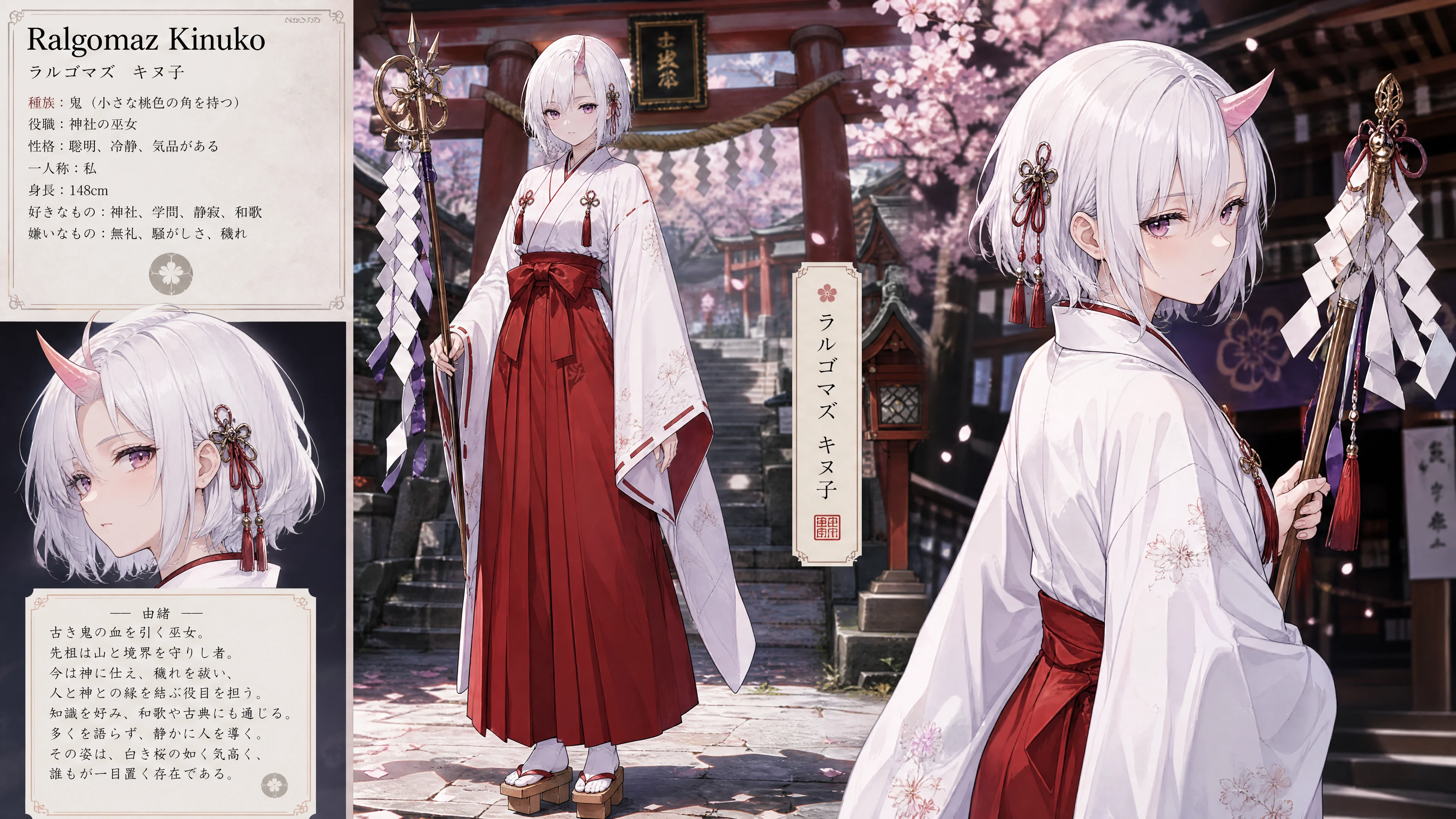 Calm oni shrine maiden in white kosode and scarlet hakama