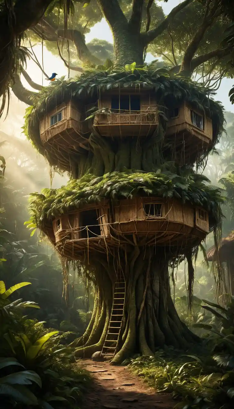 Giant Rainforest Tree Turning Into A Hanging Bird Nest Village