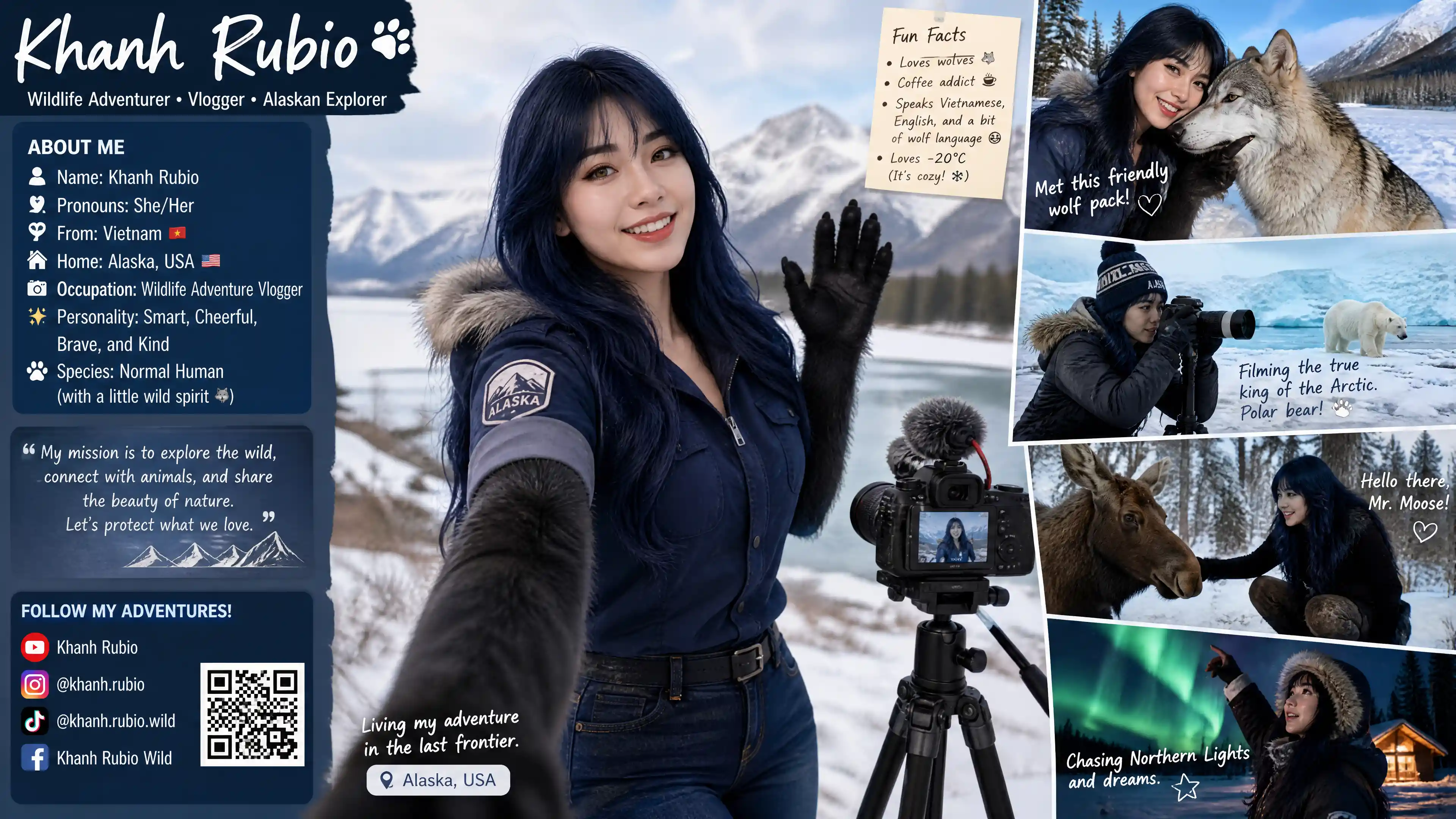 Cheerful woman vlogger in winter clothes exploring Alaska