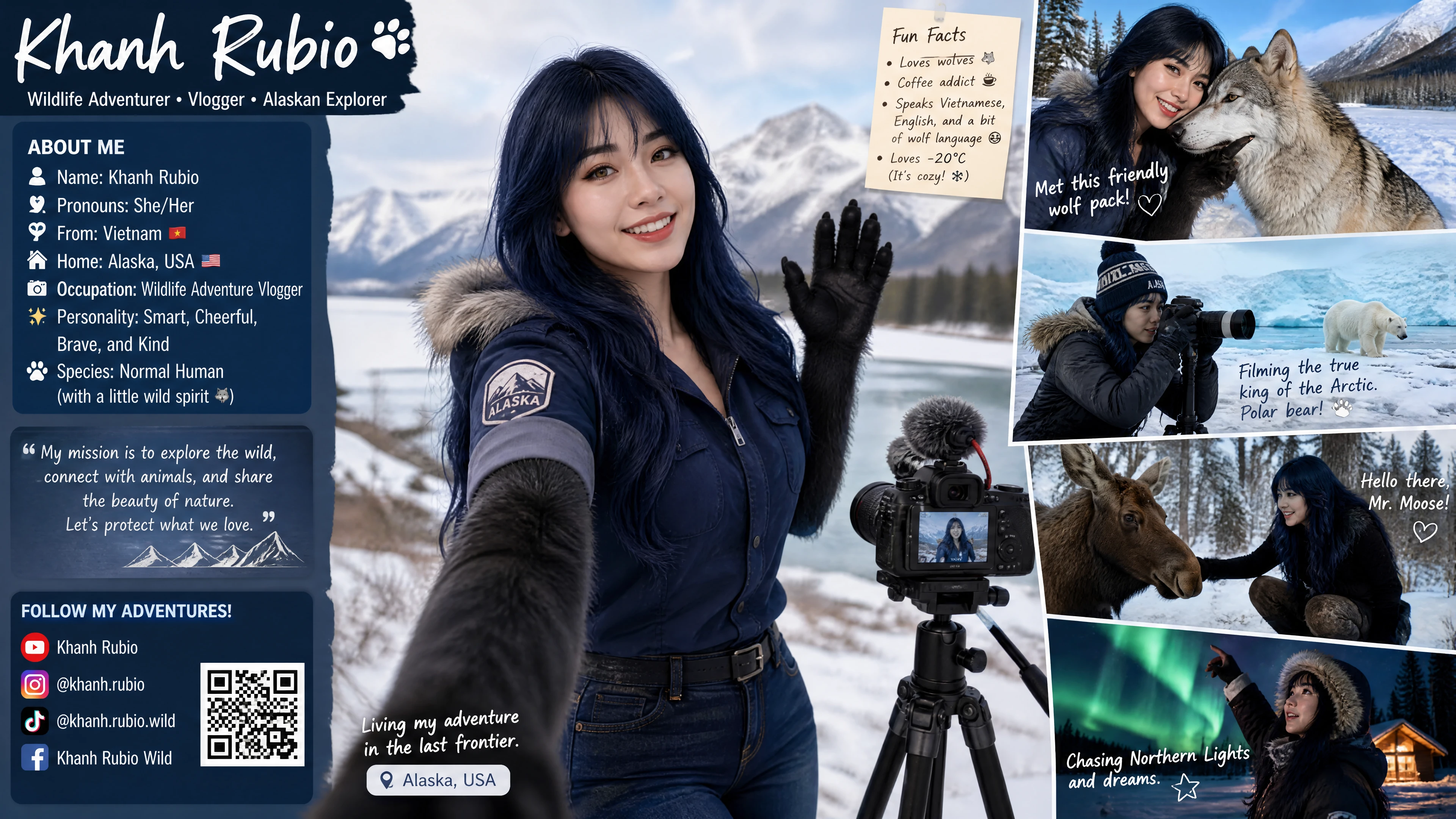 Cheerful woman vlogger in winter clothes exploring Alaska