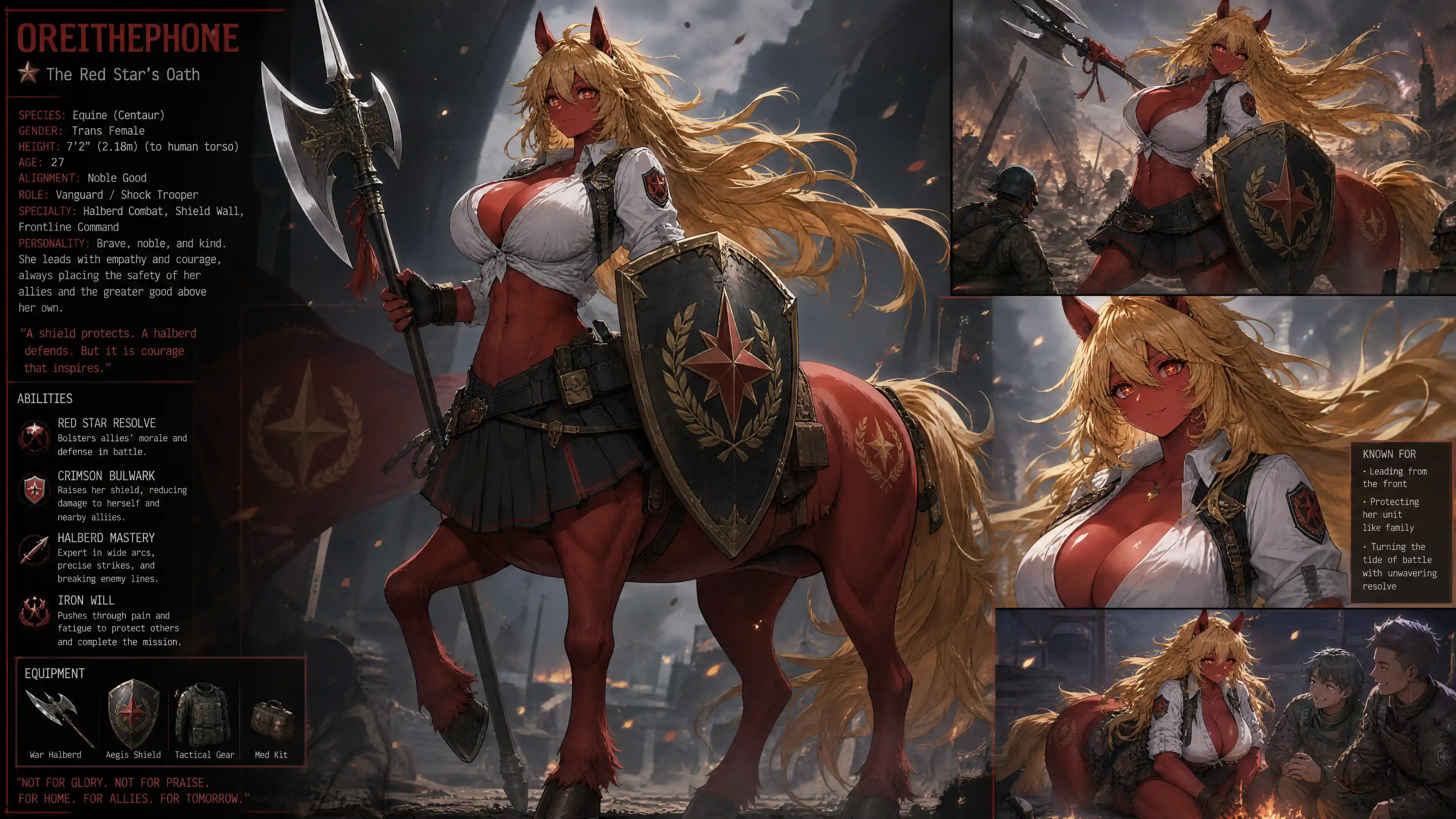 Brave red centaur warrior woman with halberd and shield