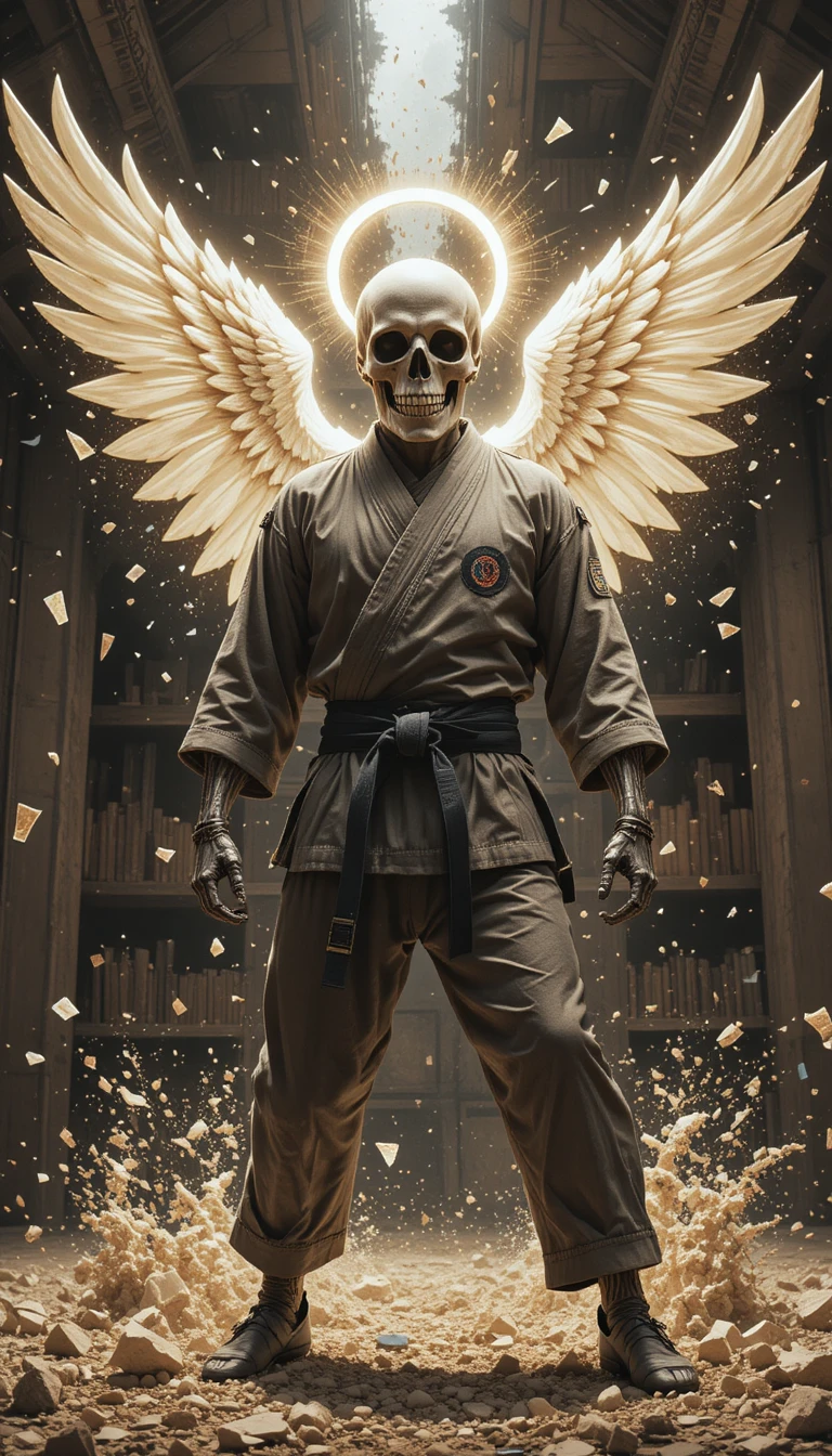 Skeleton fighter in gi unleashing holy energy blast