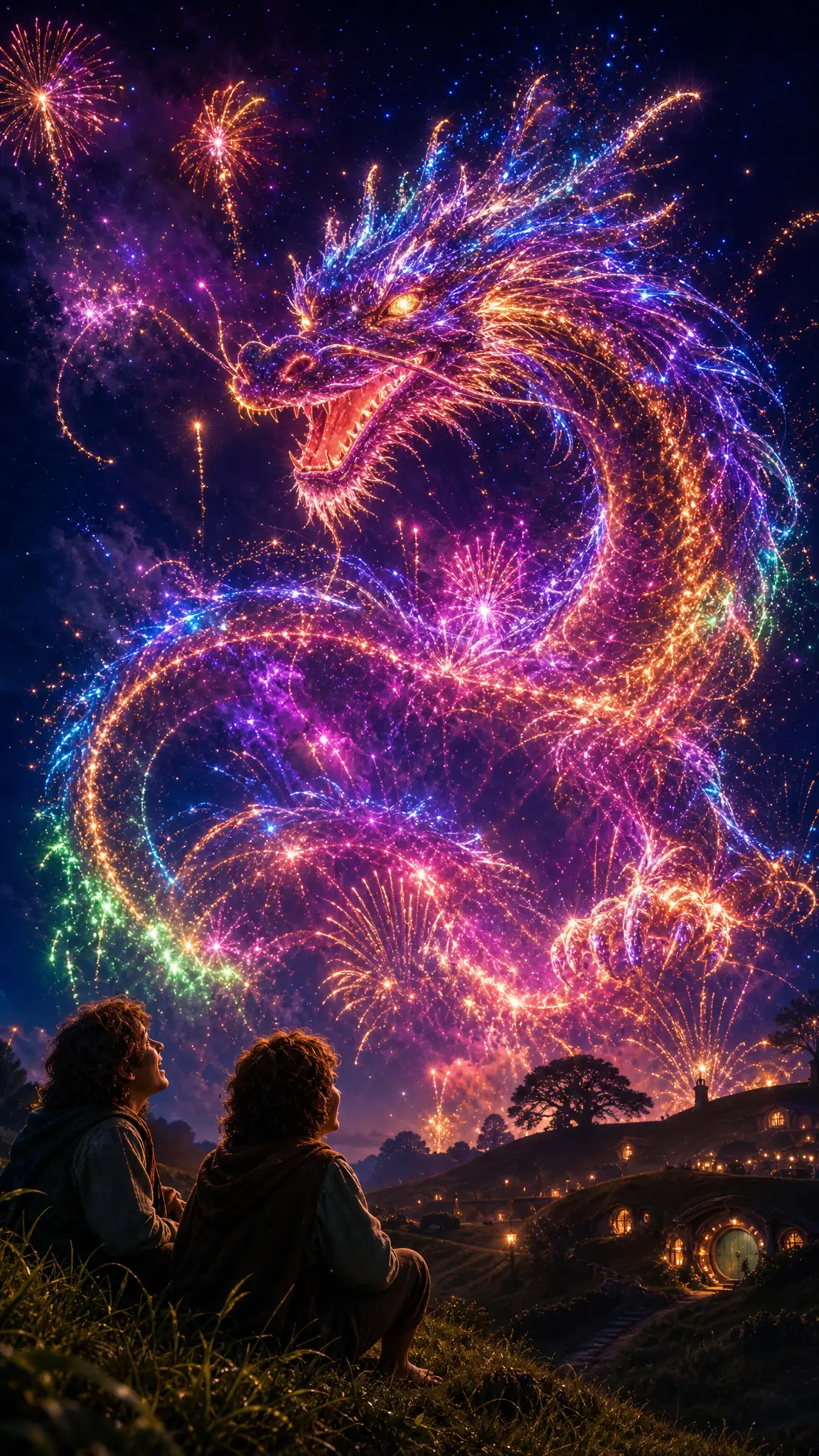 Fireworks Dragon Above Hobbiton With Two Watching Hobbits