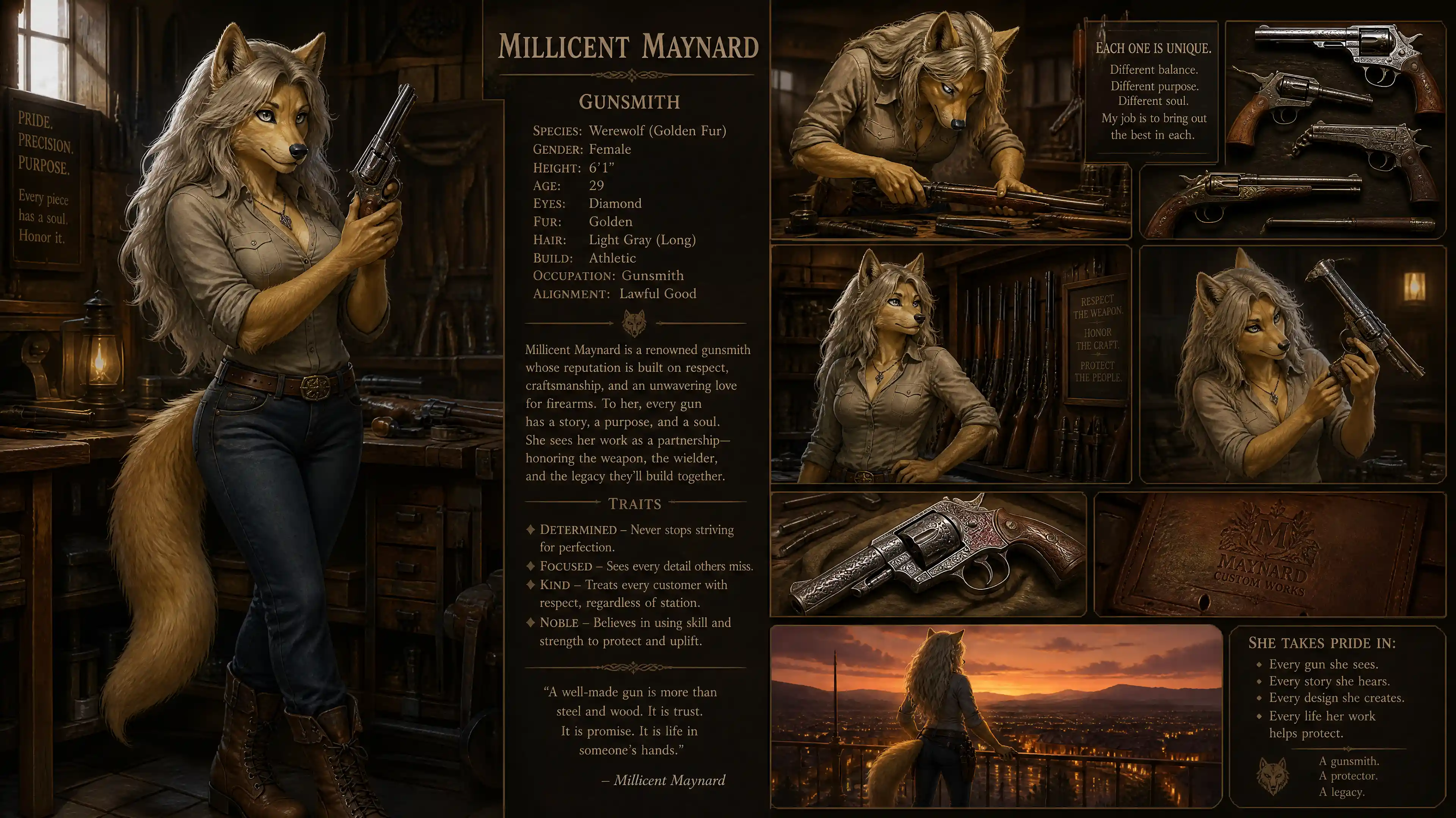 Determined female werewolf gunsmith in casual clothing