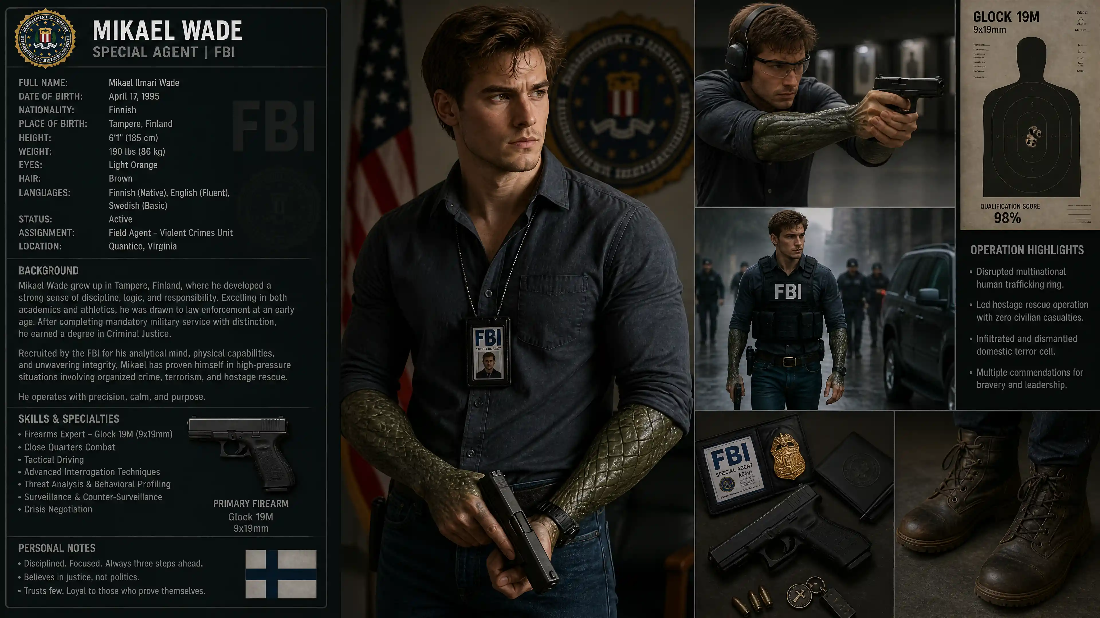 Brave Finnish male agent with scaled arms holding a pistol