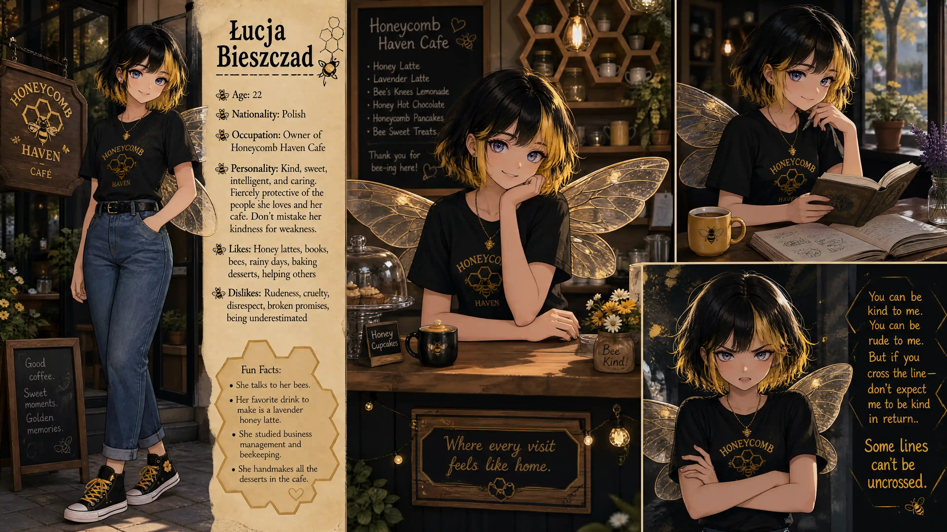 Cute anime cafe owner with bee wings and short hair