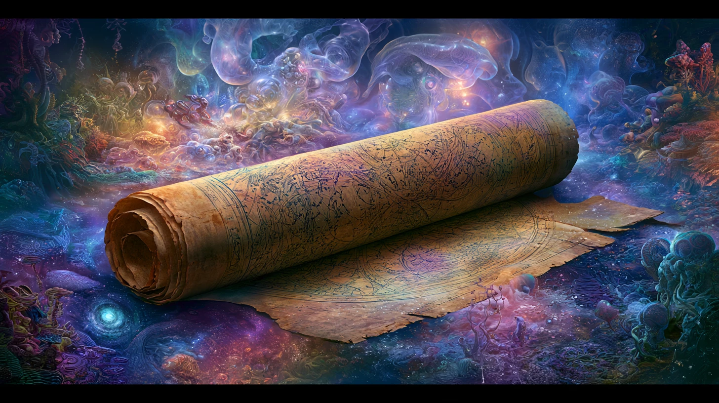 Ancient star chart unfolding into a surreal mystical landscape