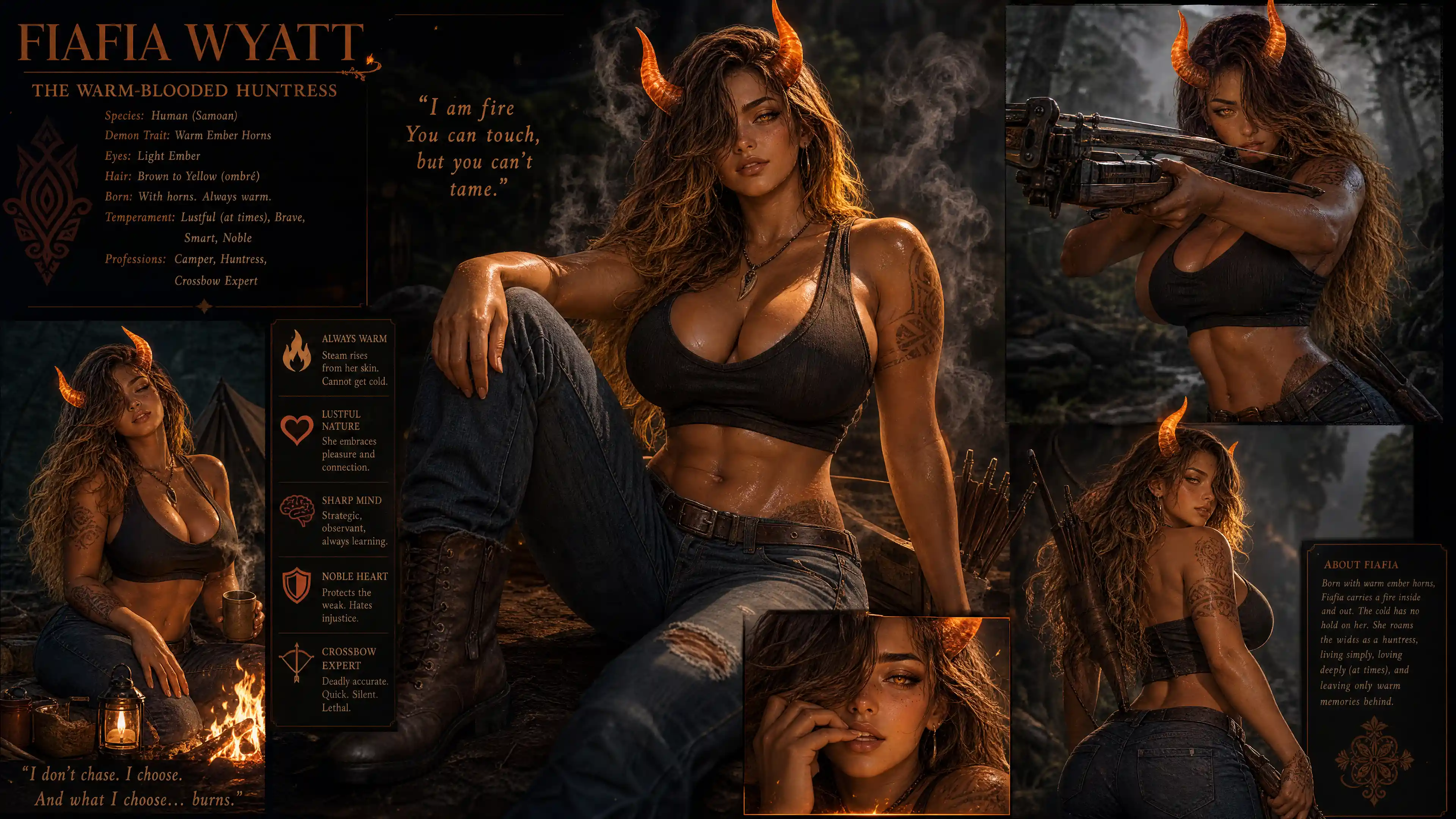Warm horned huntress woman with ember eyes and crossbow